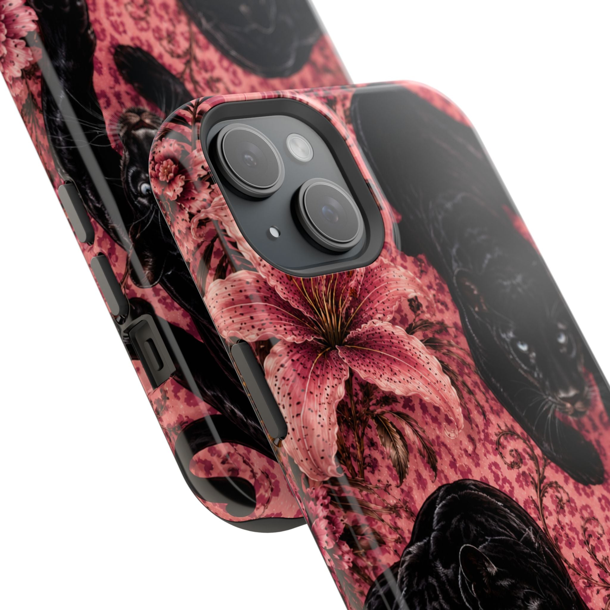 Protective Phone Case — Black Panthers & Pink Floral Impact-Resistant Magnetic Case