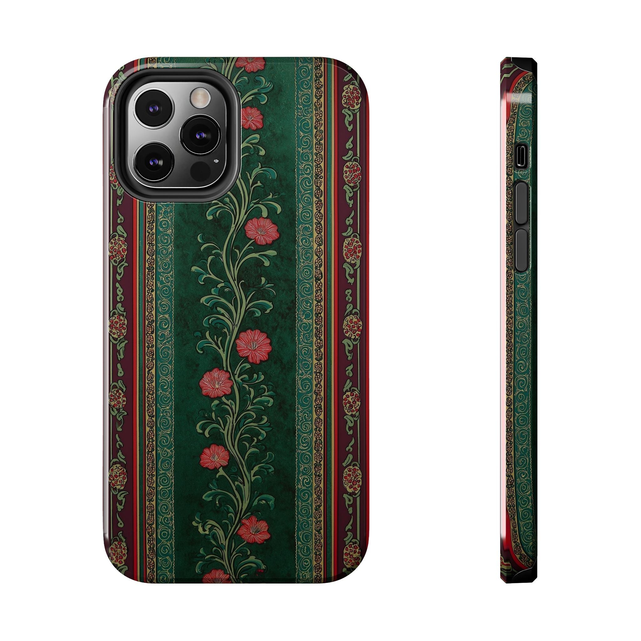 Victorian Floral Tough Phone Case - Green & Red Vintage Rose Design