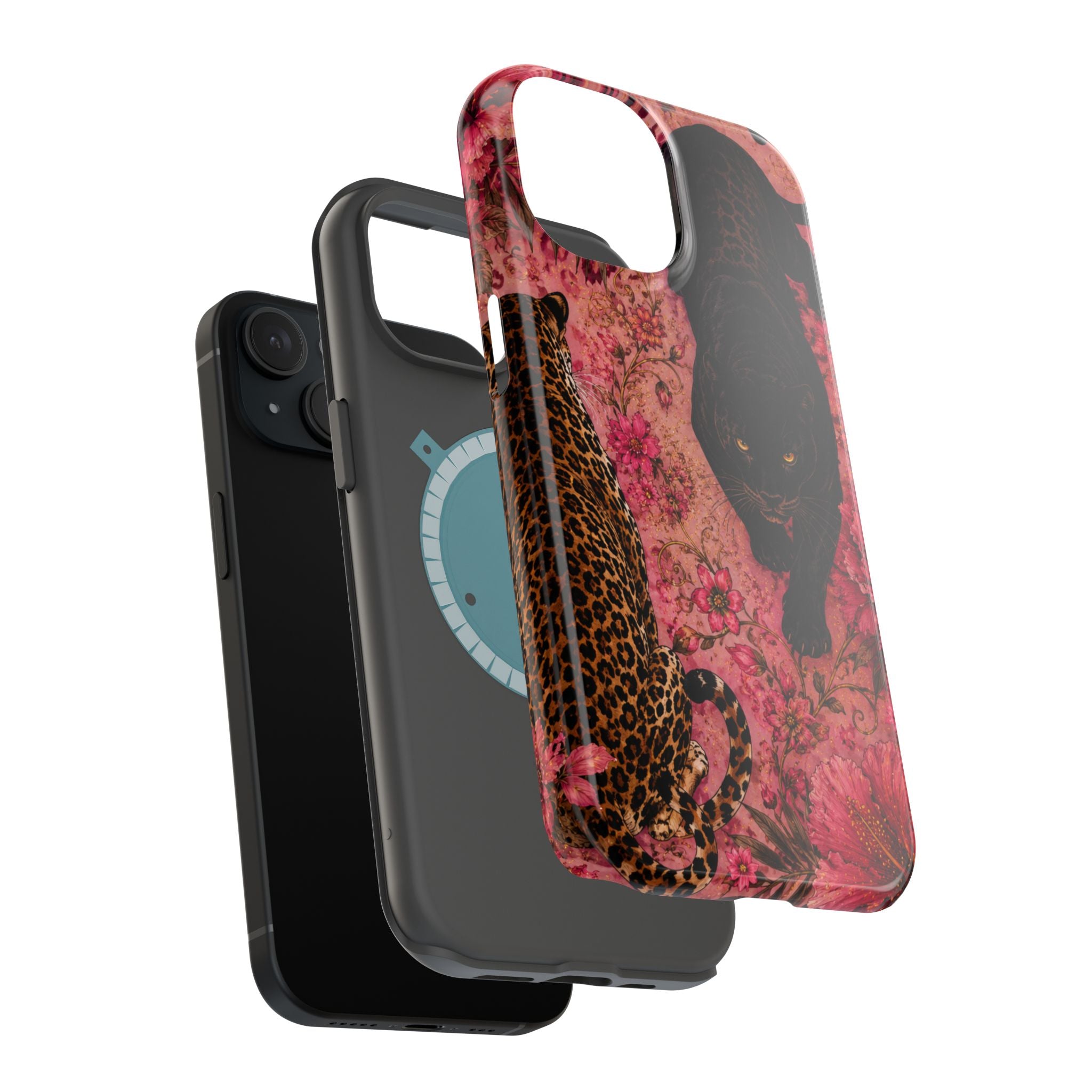 Black Panther & Leopard Floral Magnetic Impact-Resistant Phone Case | MagSafe Compatible Shockproof Cover