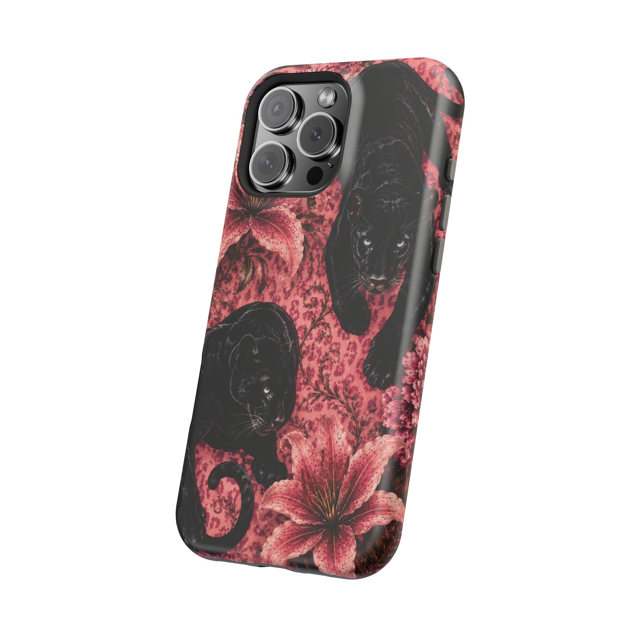 Protective Phone Case — Black Panthers & Pink Floral Impact-Resistant Magnetic Case