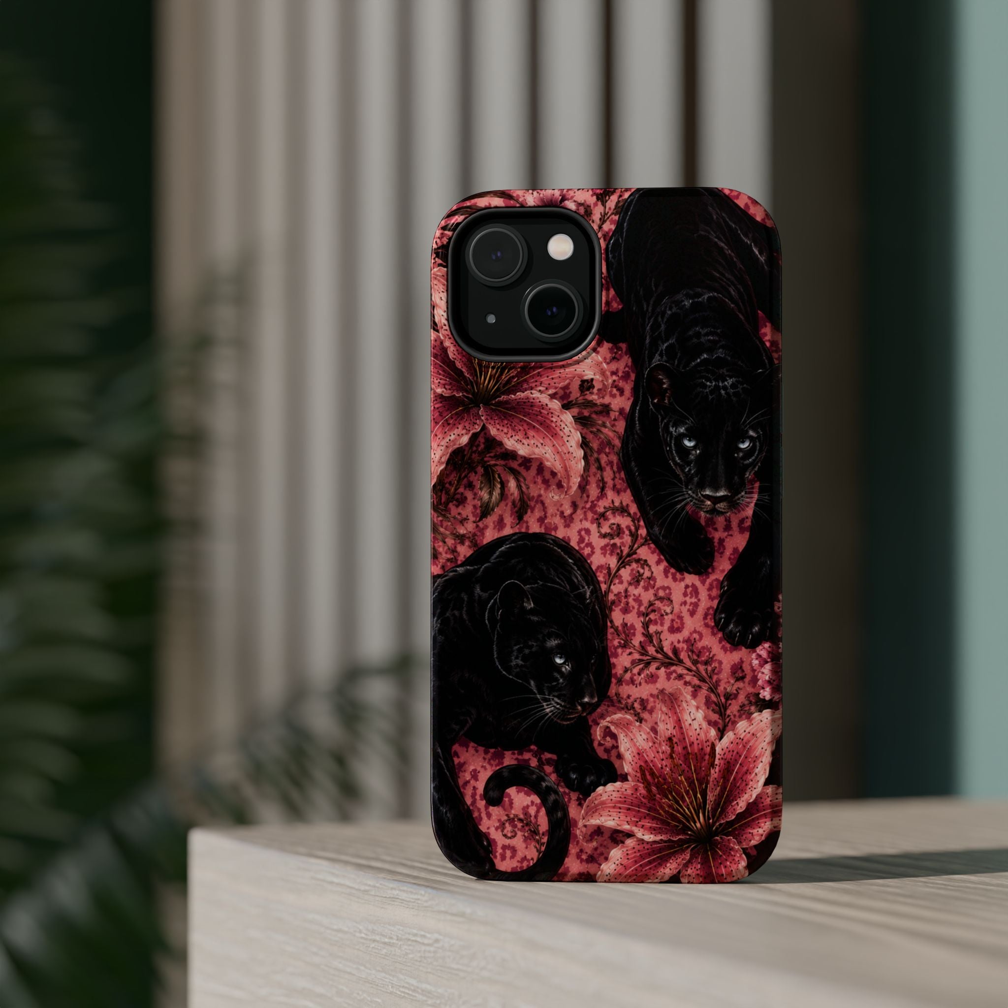 Protective Phone Case — Black Panthers & Pink Floral Impact-Resistant Magnetic Case