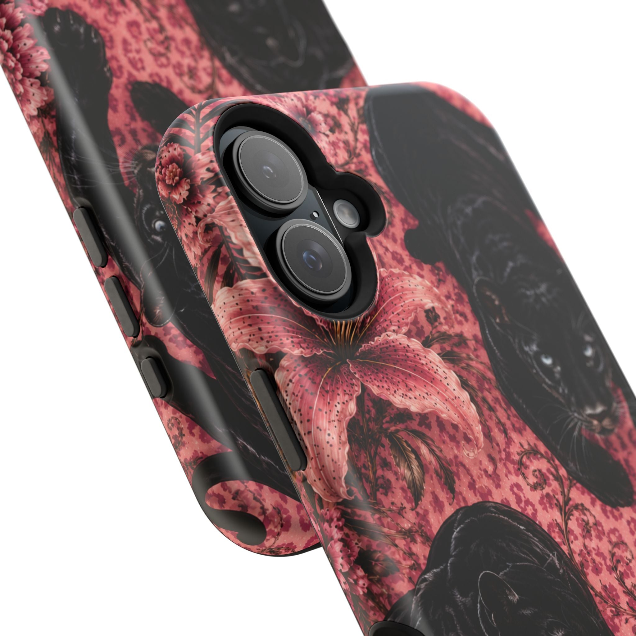 Protective Phone Case — Black Panthers & Pink Floral Impact-Resistant Magnetic Case