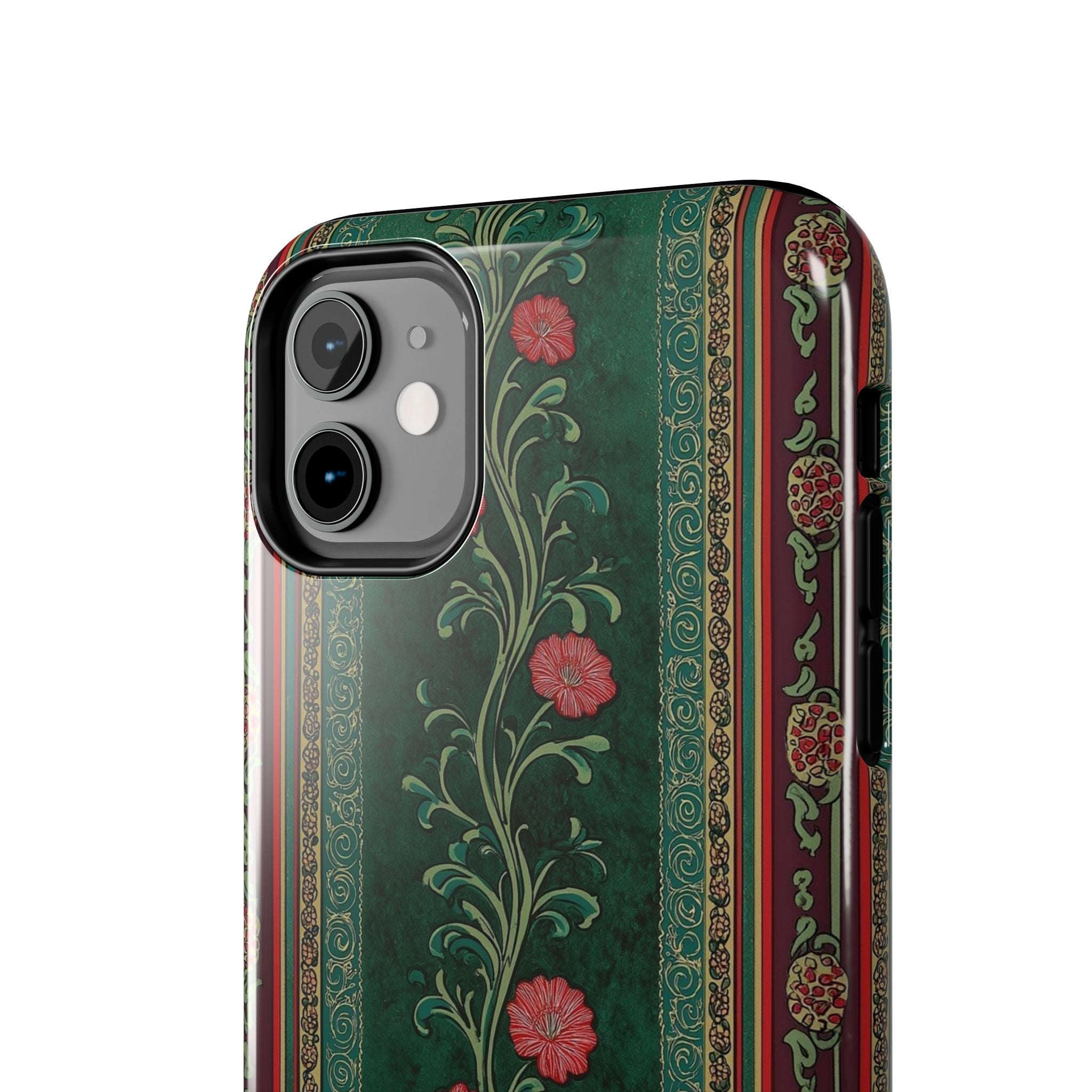 Victorian Floral Tough Phone Case - Green & Red Vintage Rose Design