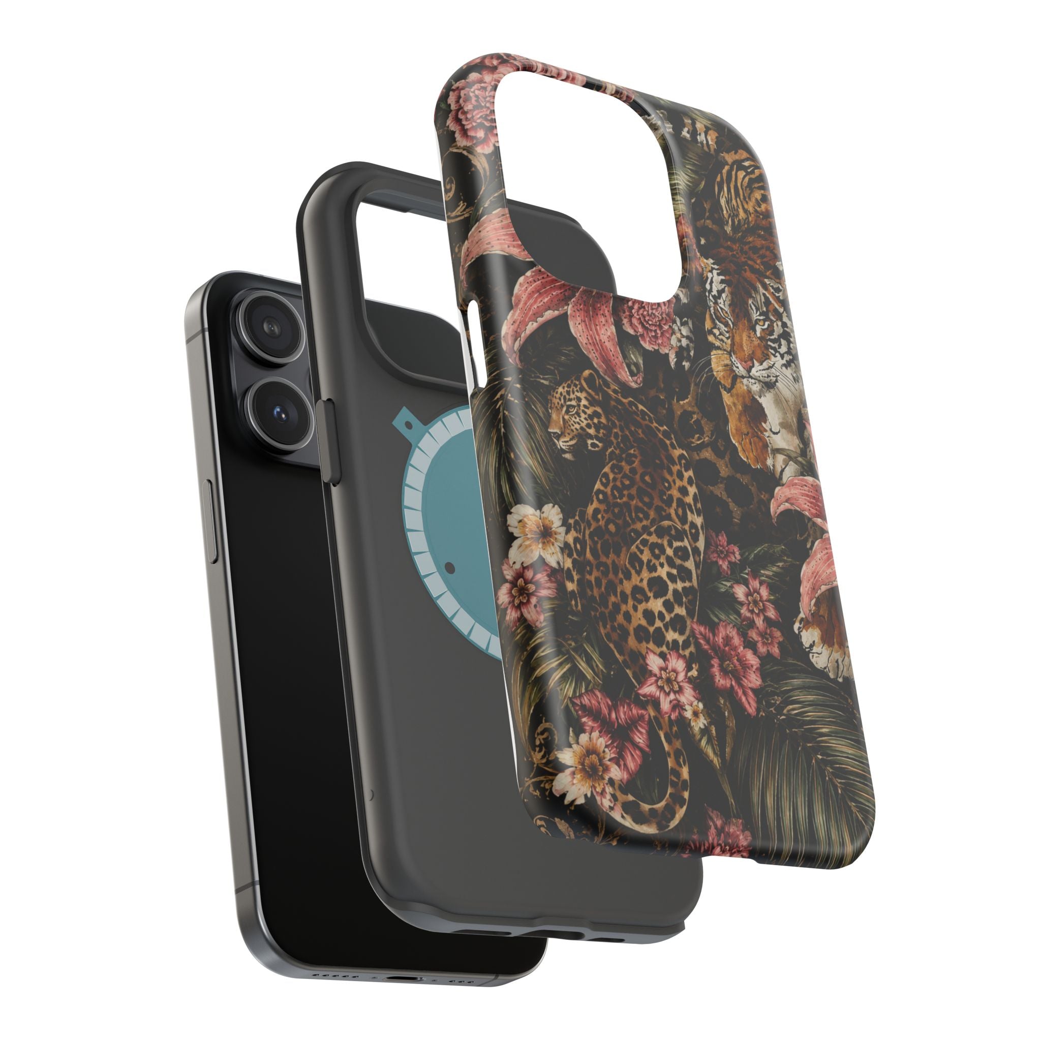 Magnetic Impact-Resistant Phone Case — Tropical Jungle Leopard & Tiger Floral Design