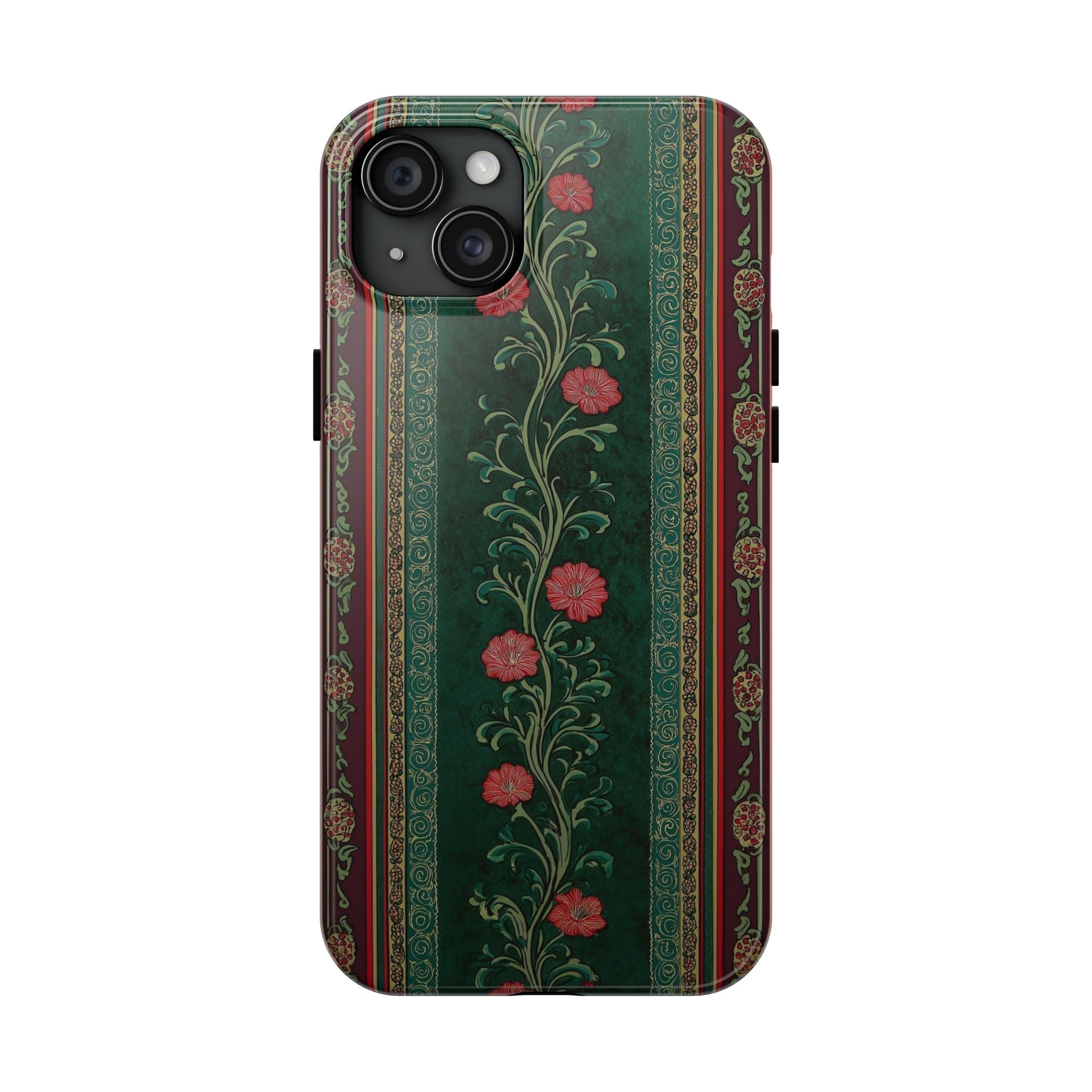 Victorian Floral Tough Phone Case - Green & Red Vintage Rose Design