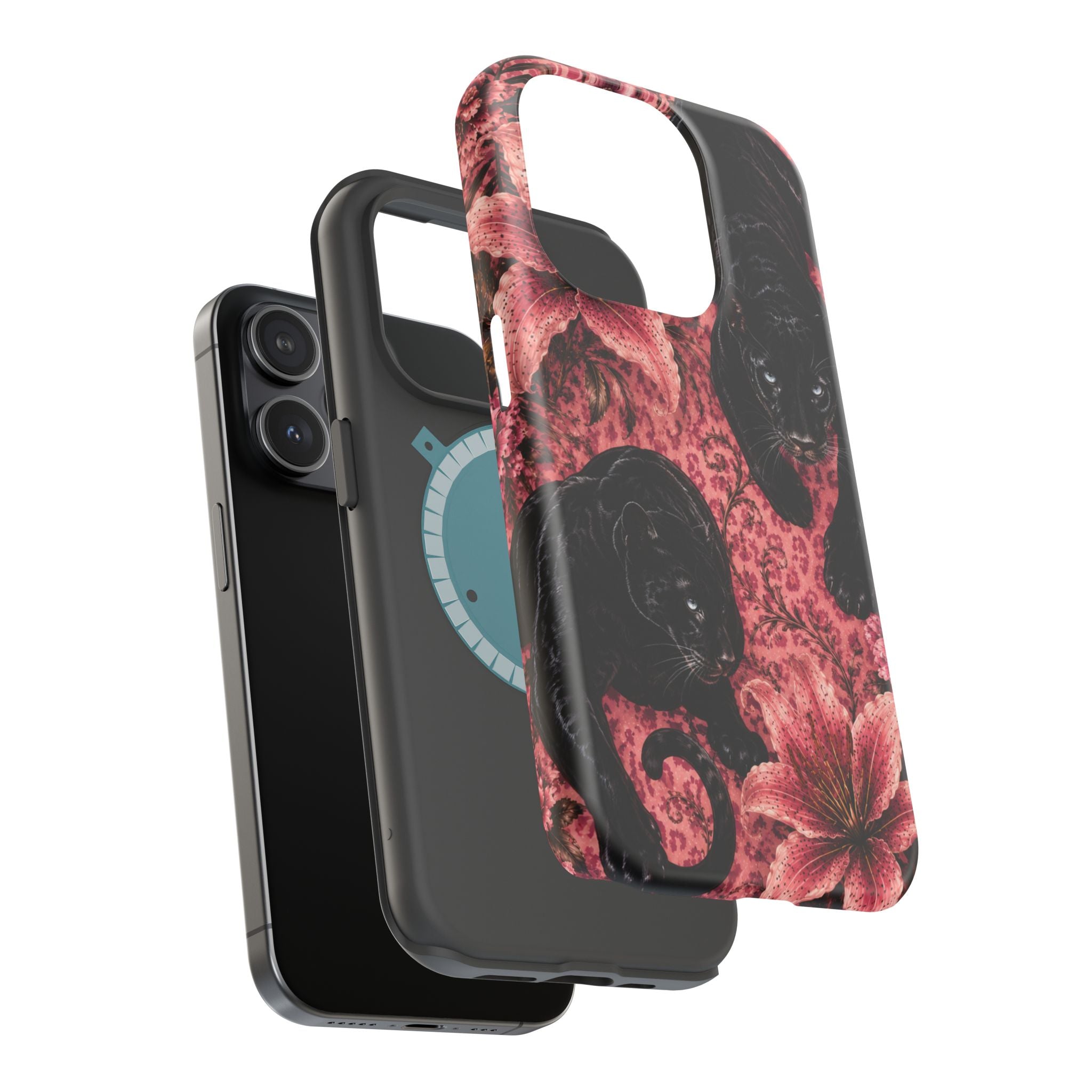 Protective Phone Case — Black Panthers & Pink Floral Impact-Resistant Magnetic Case