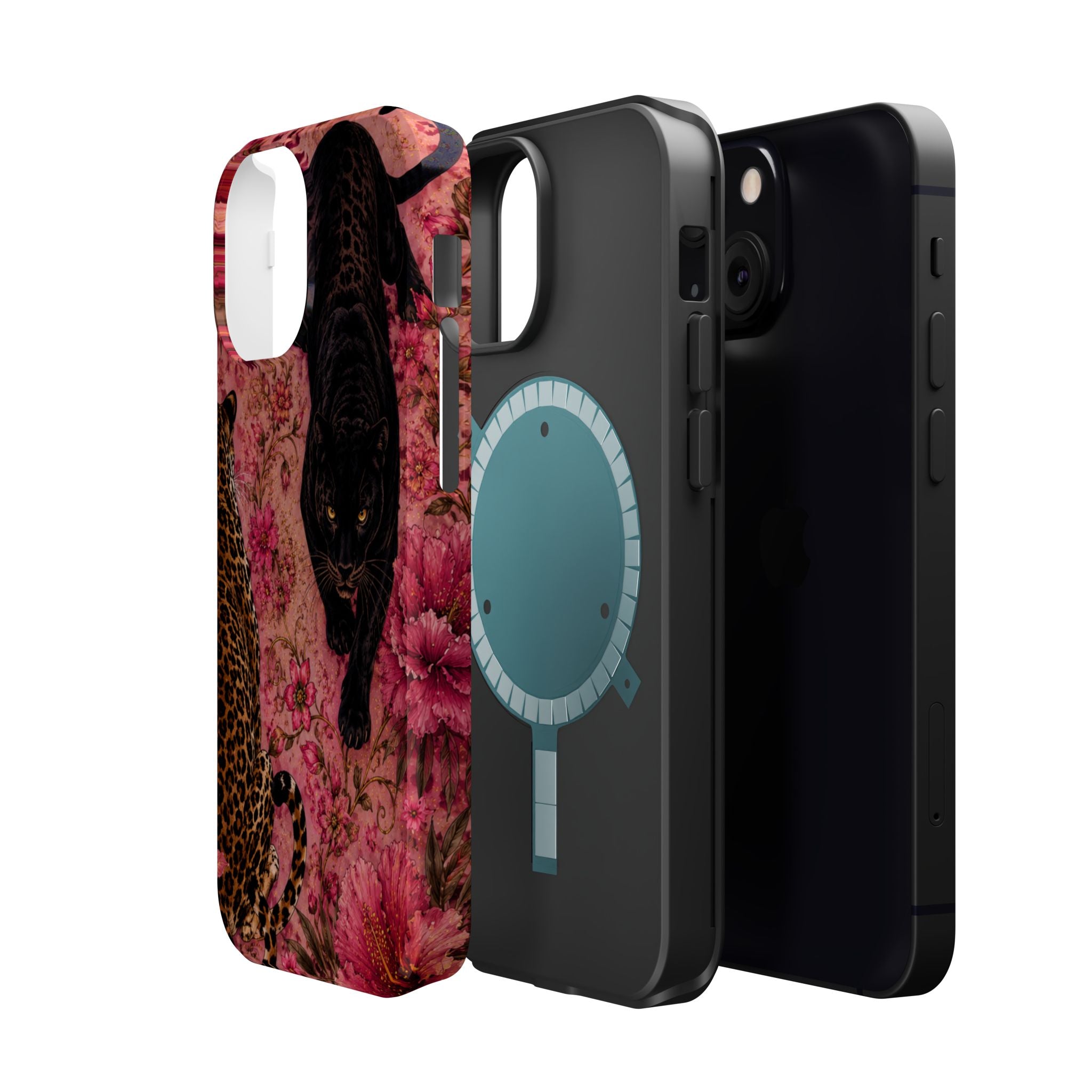 Black Panther & Leopard Floral Magnetic Impact-Resistant Phone Case | MagSafe Compatible Shockproof Cover