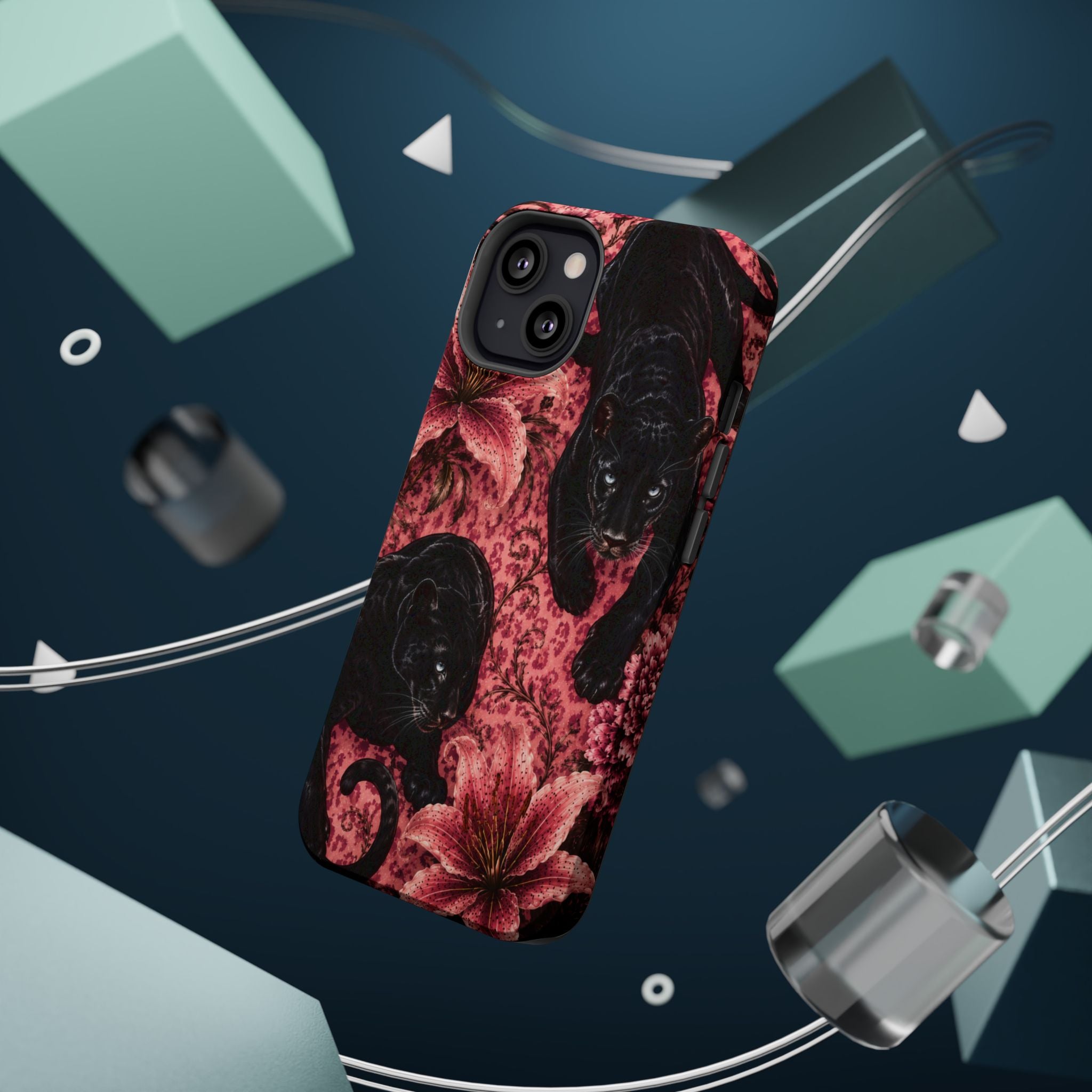 Protective Phone Case — Black Panthers & Pink Floral Impact-Resistant Magnetic Case