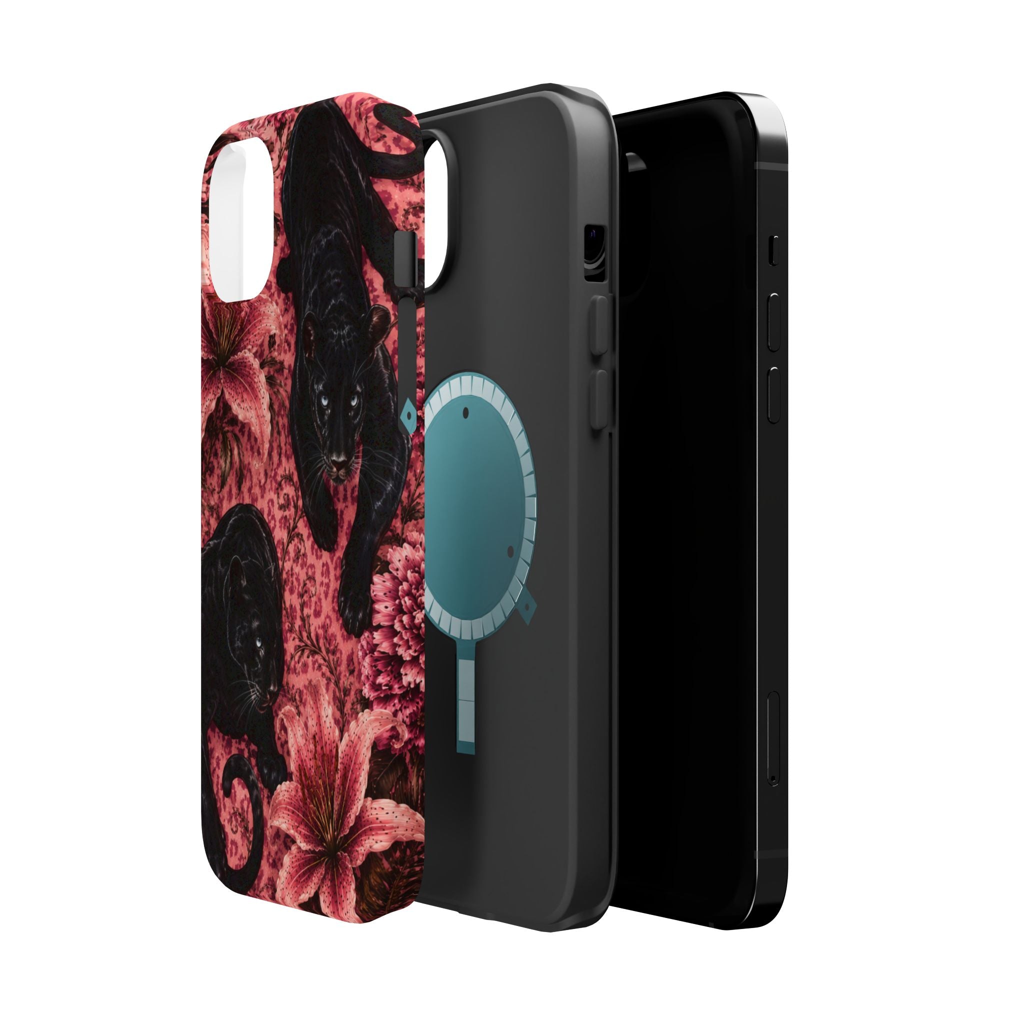 Protective Phone Case — Black Panthers & Pink Floral Impact-Resistant Magnetic Case