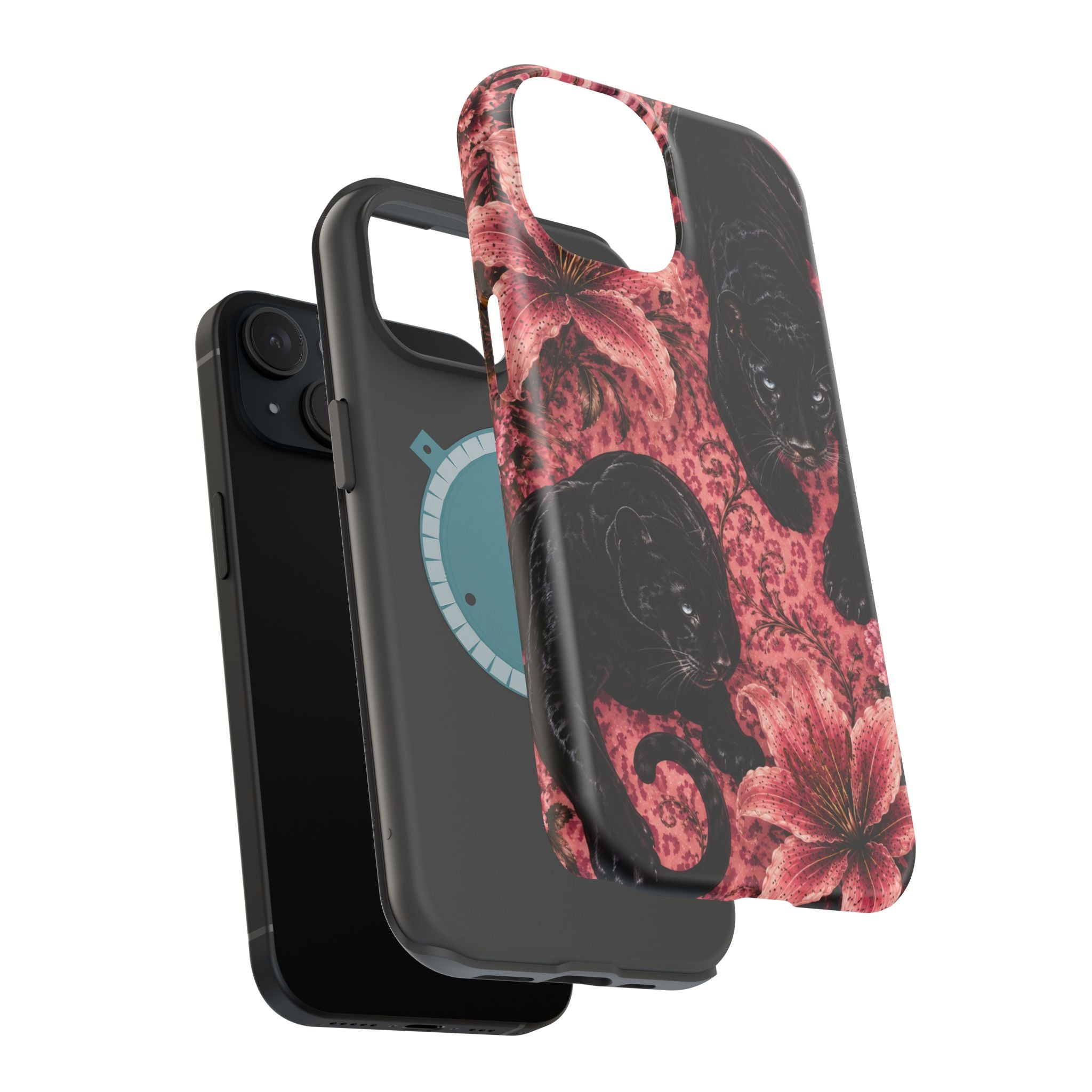 Protective Phone Case — Black Panthers & Pink Floral Impact-Resistant Magnetic Case