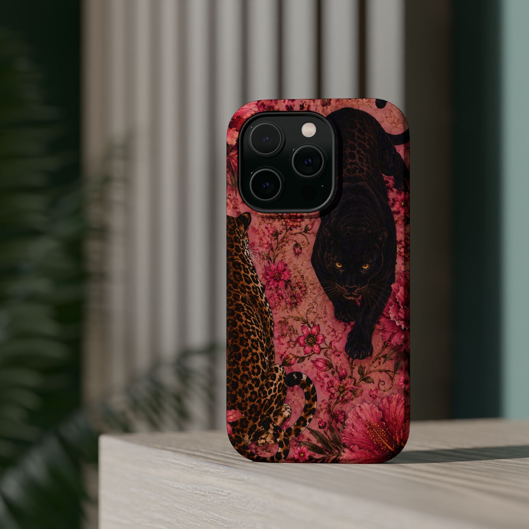 Black Panther & Leopard Floral Magnetic Impact-Resistant Phone Case | MagSafe Compatible Shockproof Cover