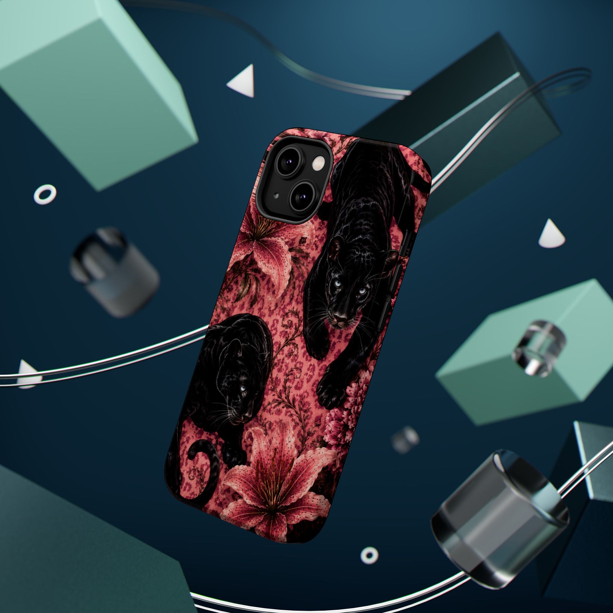 Protective Phone Case — Black Panthers & Pink Floral Impact-Resistant Magnetic Case