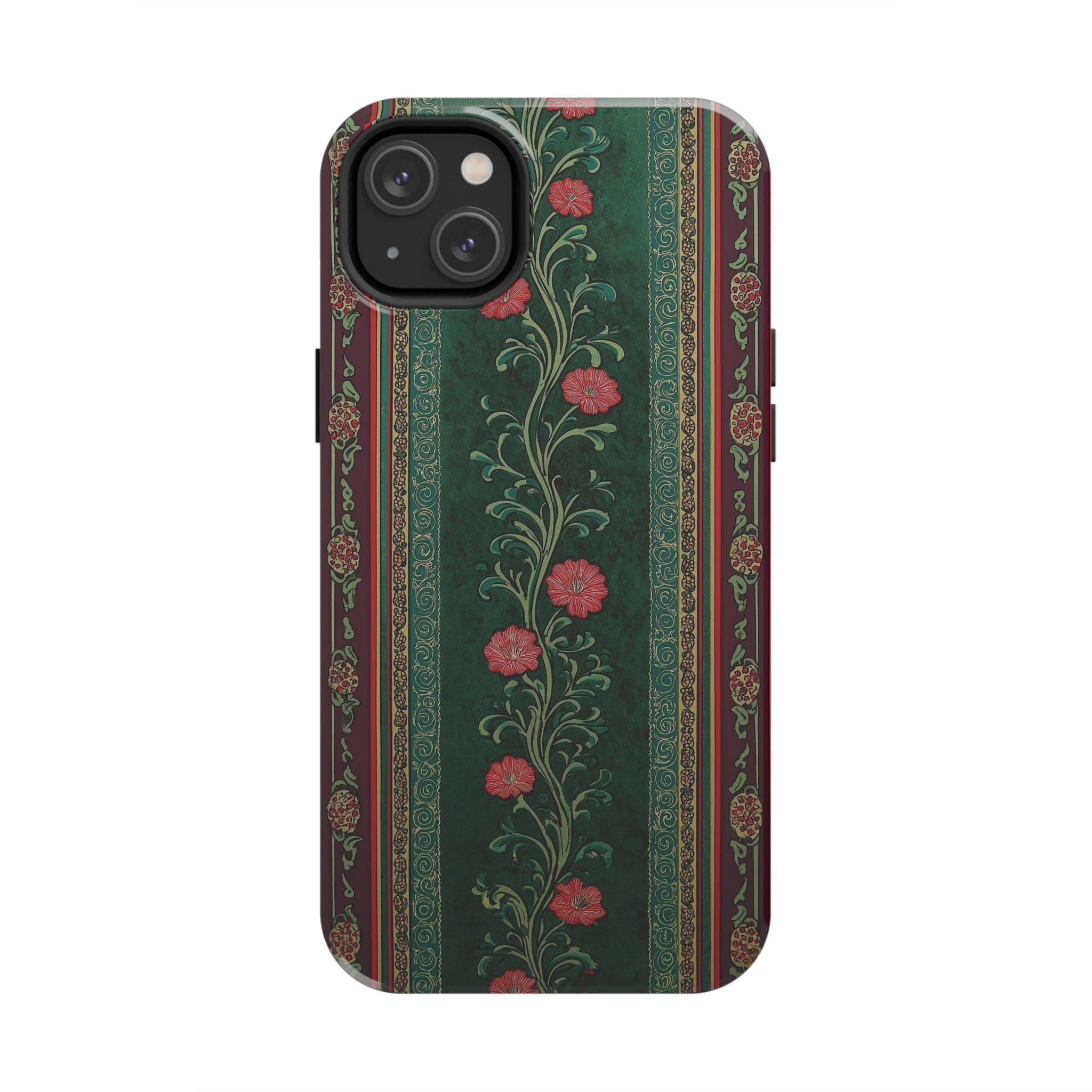 Victorian Floral Tough Phone Case - Green & Red Vintage Rose Design