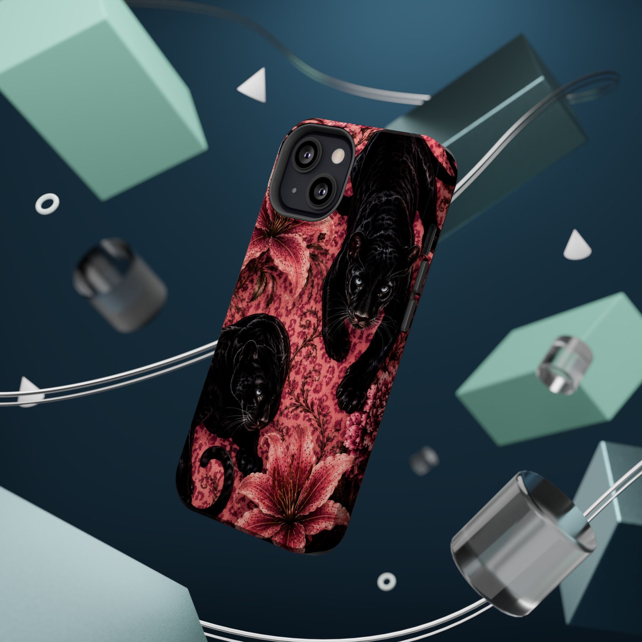 Protective Phone Case — Black Panthers & Pink Floral Impact-Resistant Magnetic Case