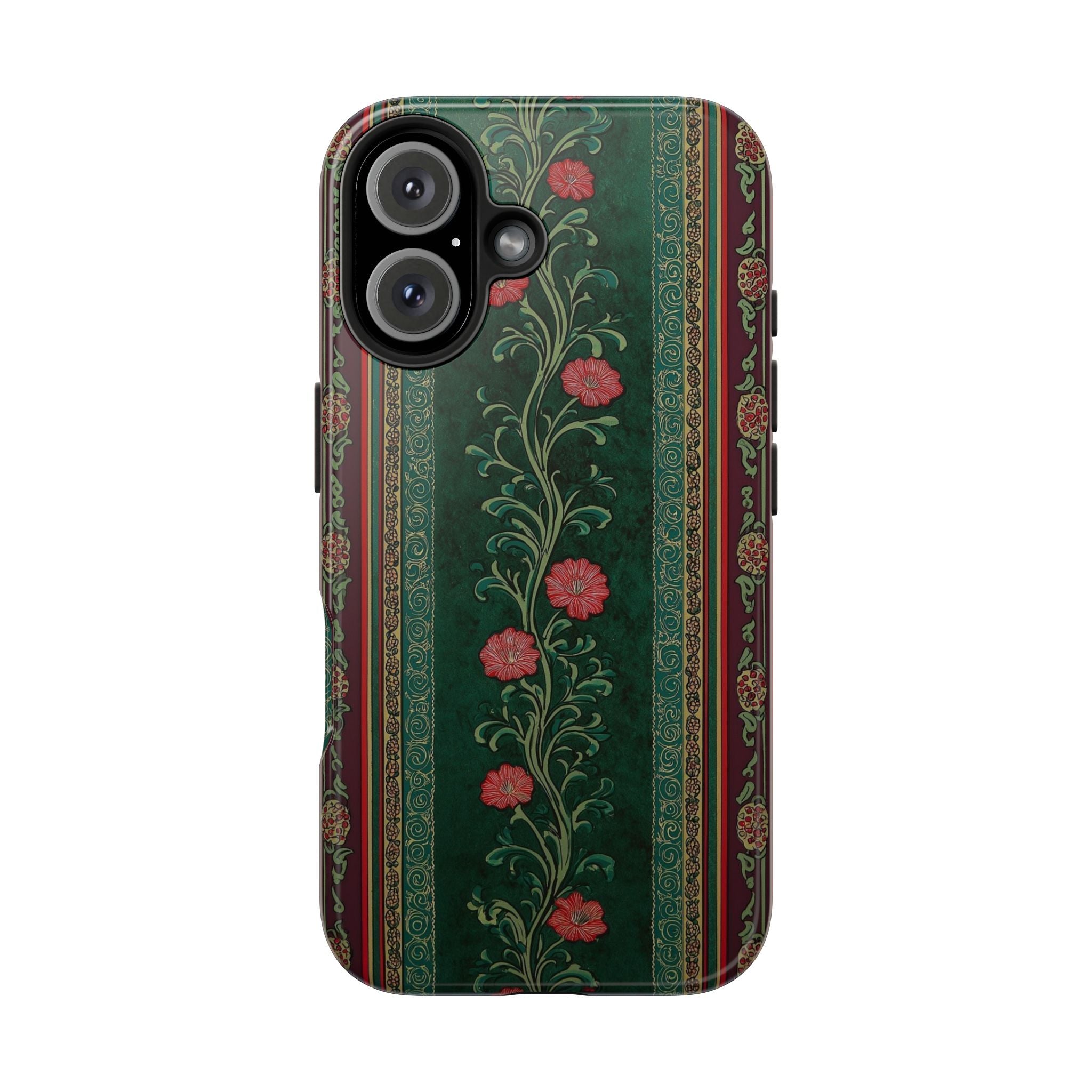 Victorian Floral Tough Phone Case - Green & Red Vintage Rose Design