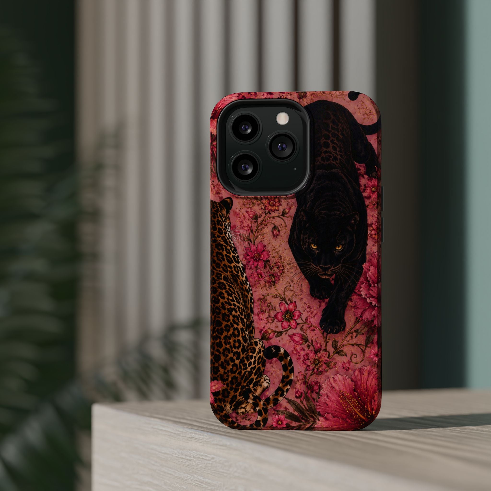 Black Panther & Leopard Floral Magnetic Impact-Resistant Phone Case | MagSafe Compatible Shockproof Cover