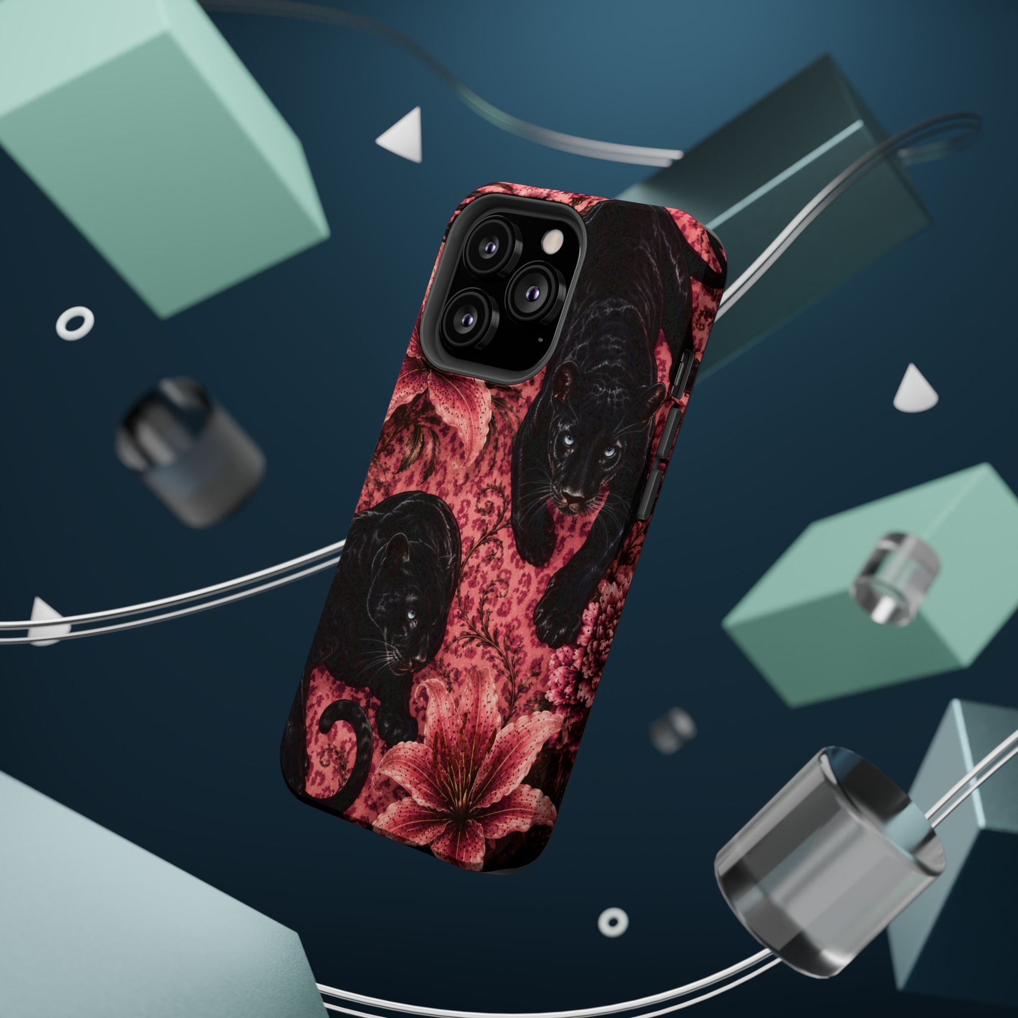 Protective Phone Case — Black Panthers & Pink Floral Impact-Resistant Magnetic Case