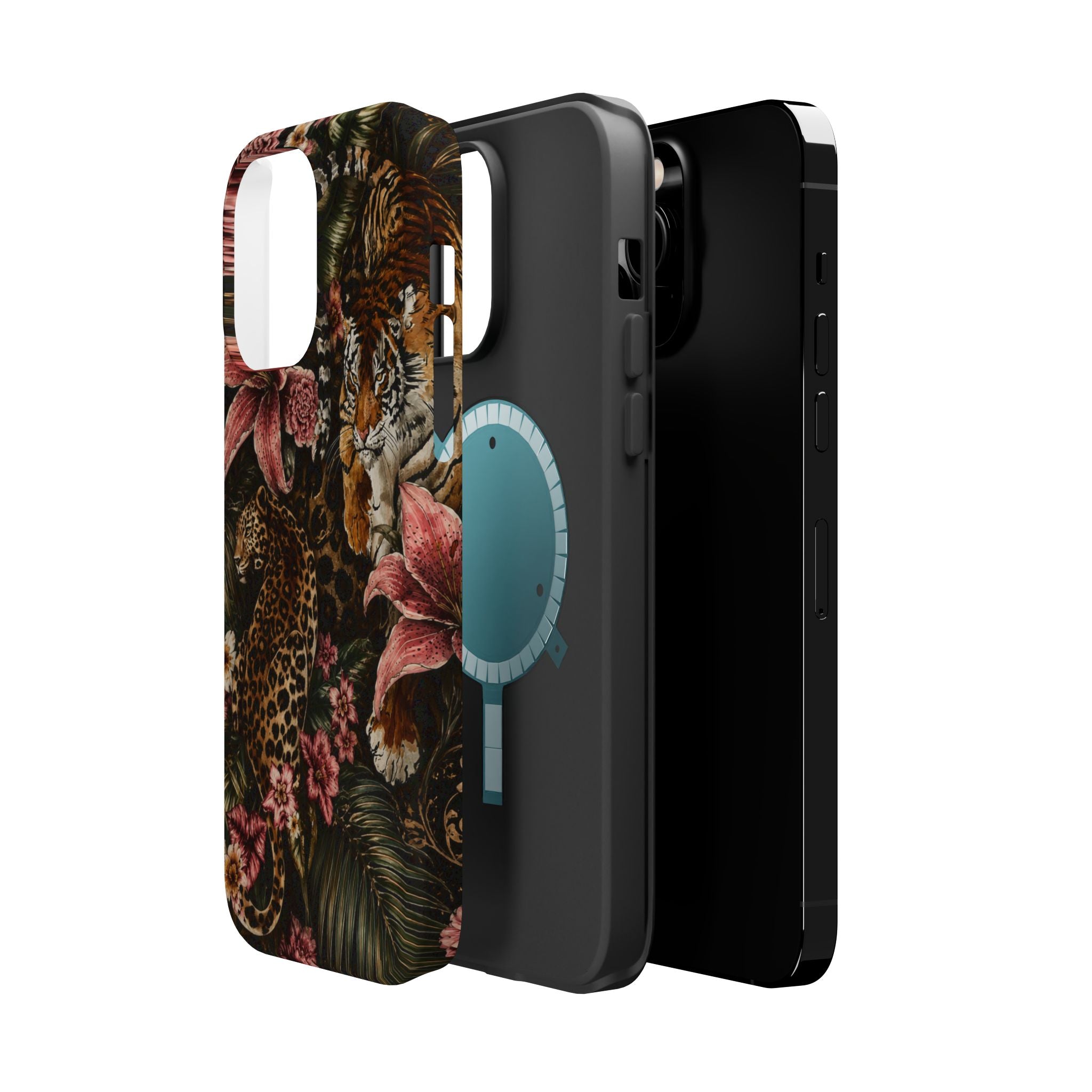Magnetic Impact-Resistant Phone Case — Tropical Jungle Leopard & Tiger Floral Design