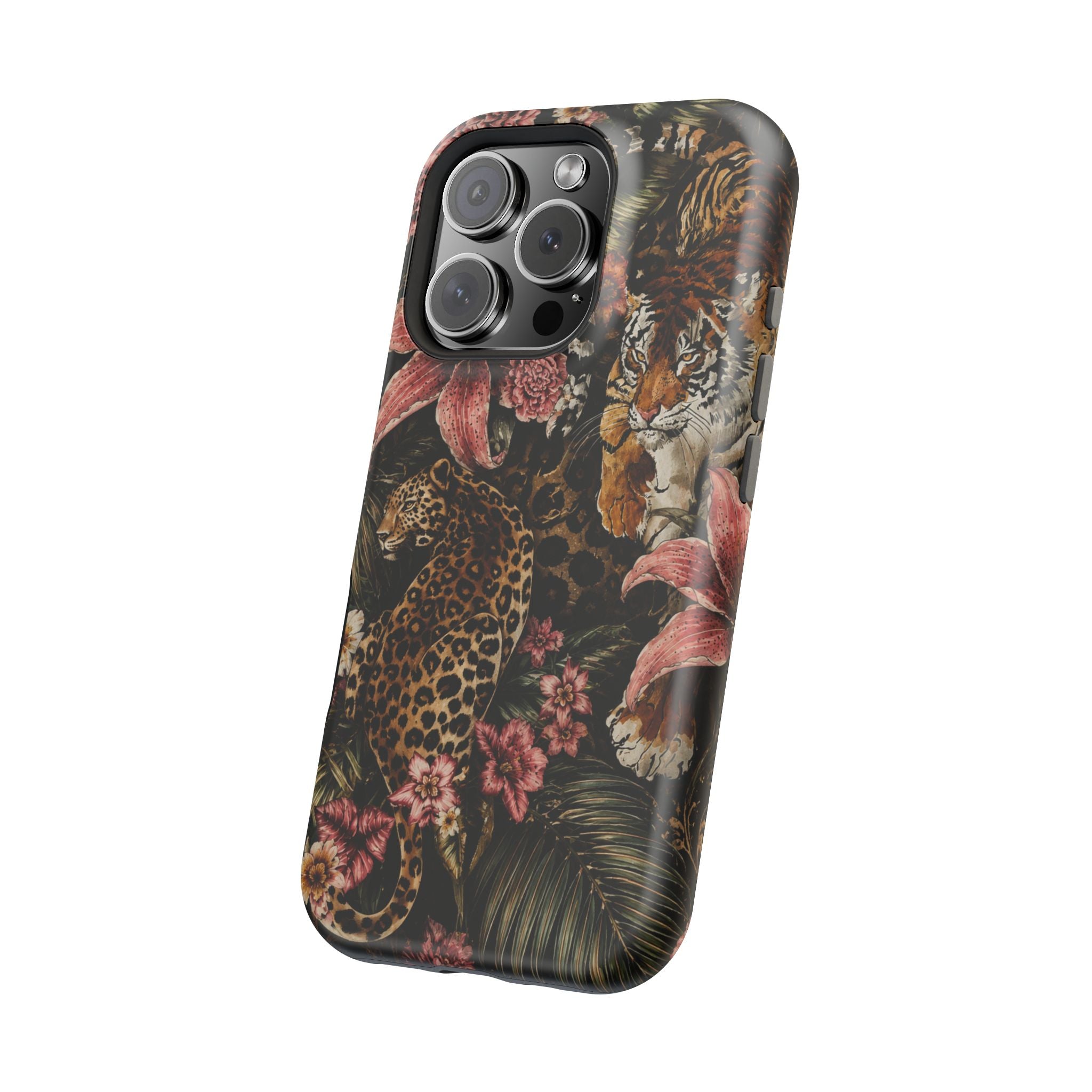 Magnetic Impact-Resistant Phone Case — Tropical Jungle Leopard & Tiger Floral Design