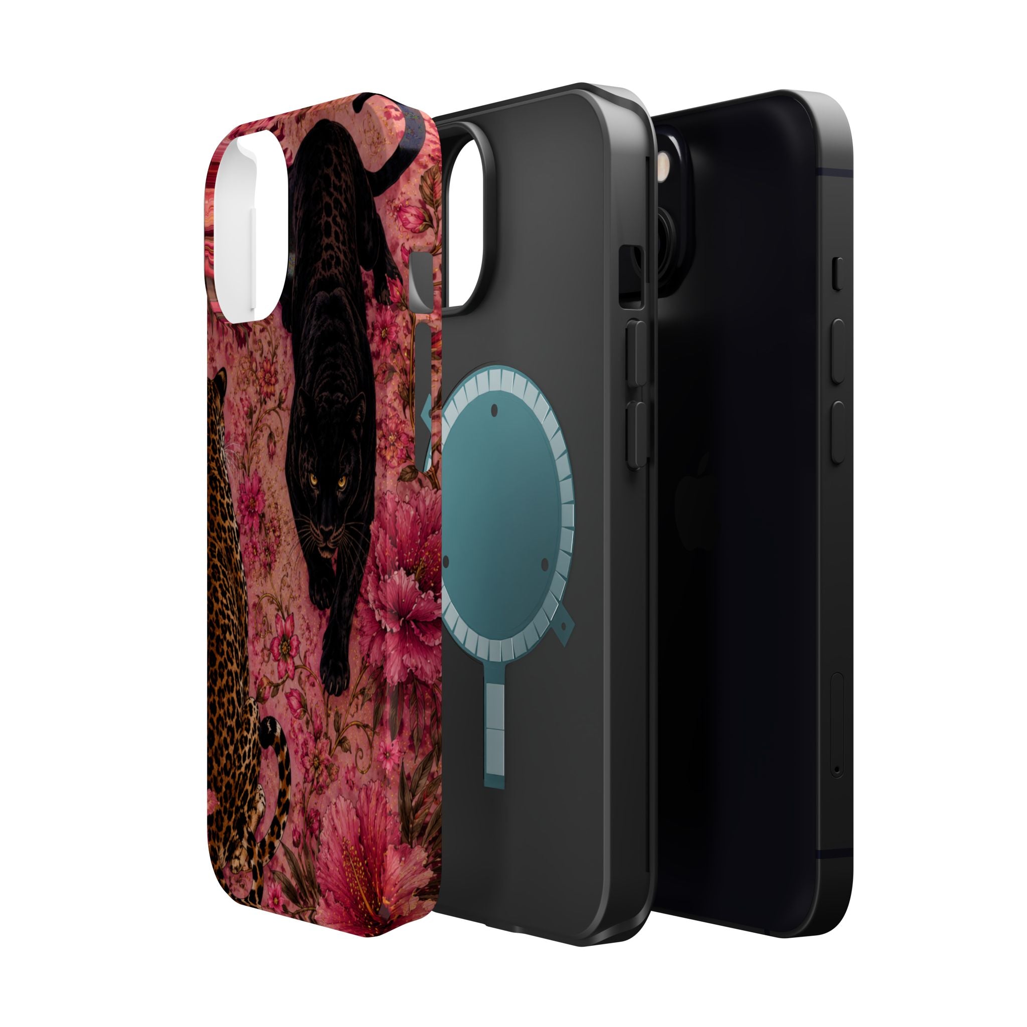 Black Panther & Leopard Floral Magnetic Impact-Resistant Phone Case | MagSafe Compatible Shockproof Cover