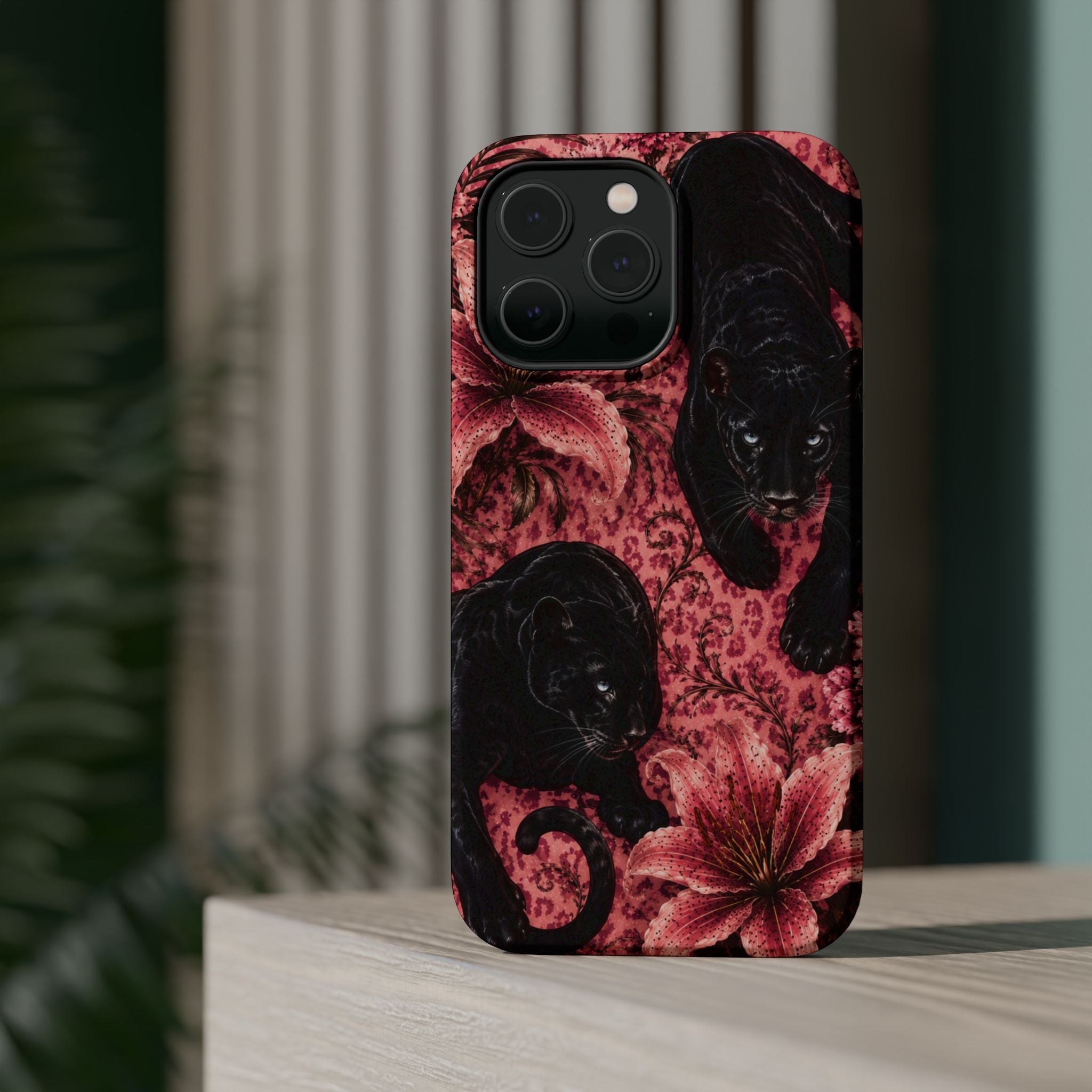 Protective Phone Case — Black Panthers & Pink Floral Impact-Resistant Magnetic Case