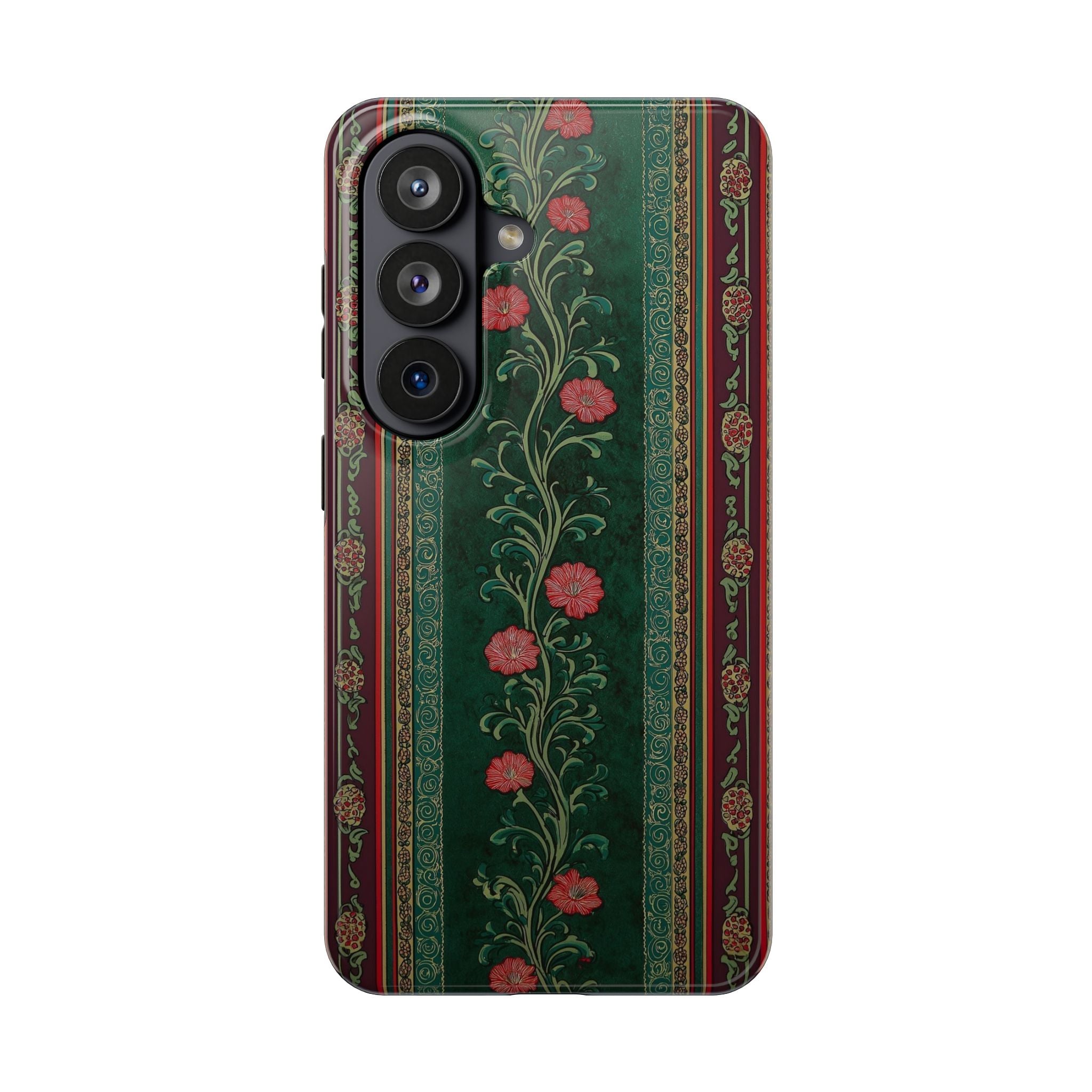 Victorian Floral Tough Phone Case - Green & Red Vintage Rose Design