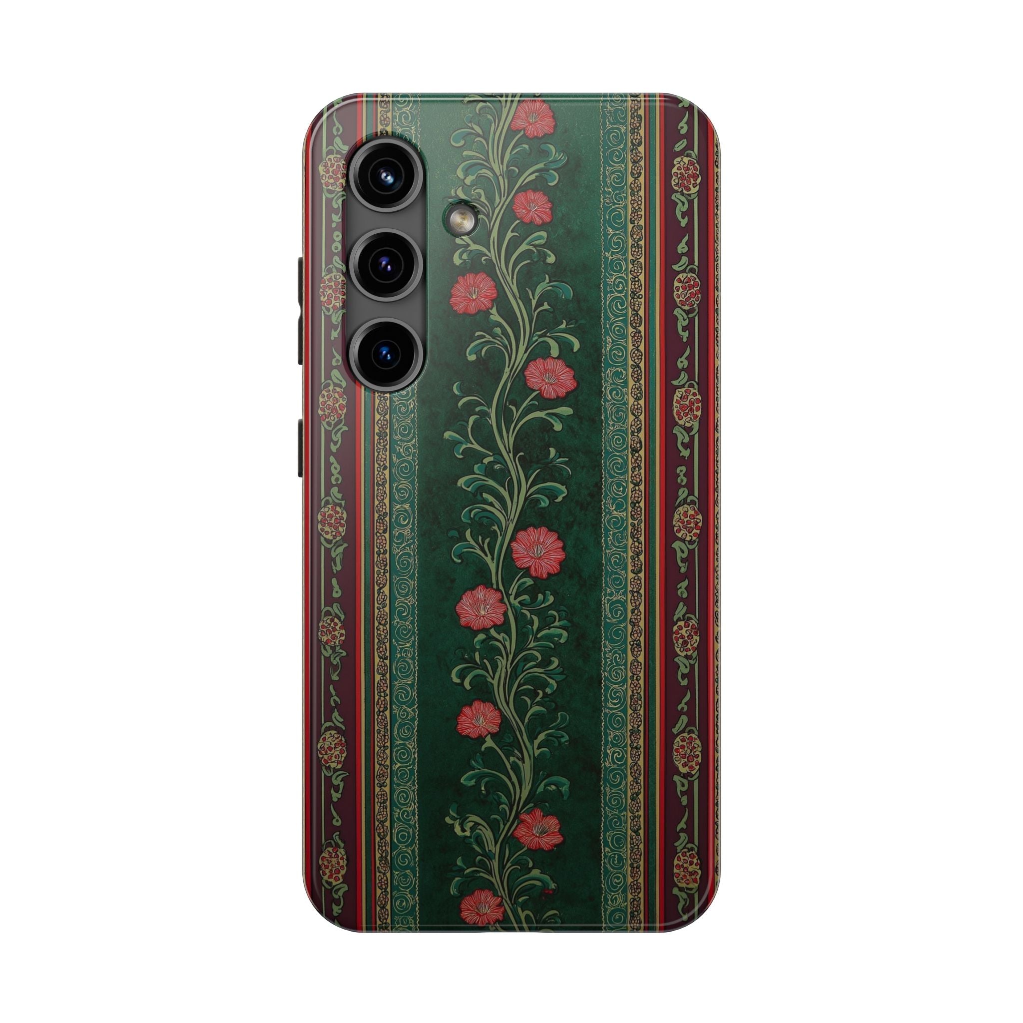 Victorian Floral Tough Phone Case - Green & Red Vintage Rose Design