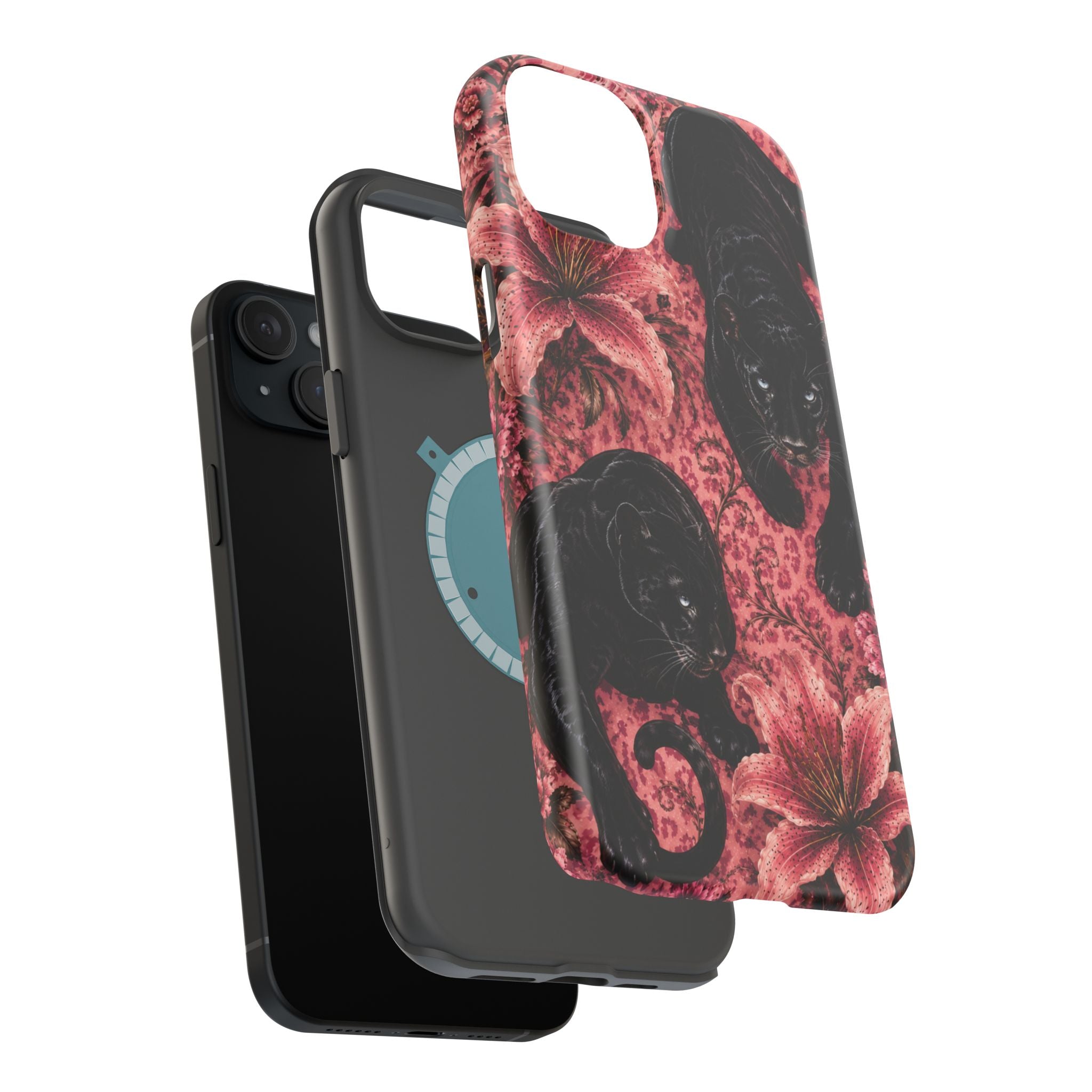 Protective Phone Case — Black Panthers & Pink Floral Impact-Resistant Magnetic Case