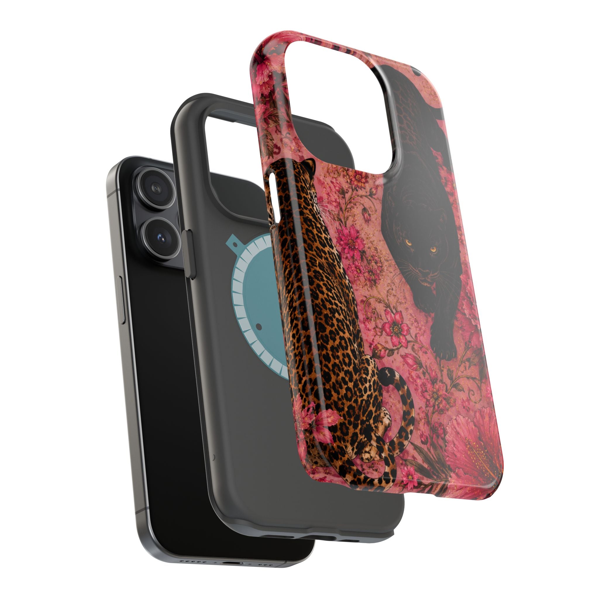 Black Panther & Leopard Floral Magnetic Impact-Resistant Phone Case | MagSafe Compatible Shockproof Cover