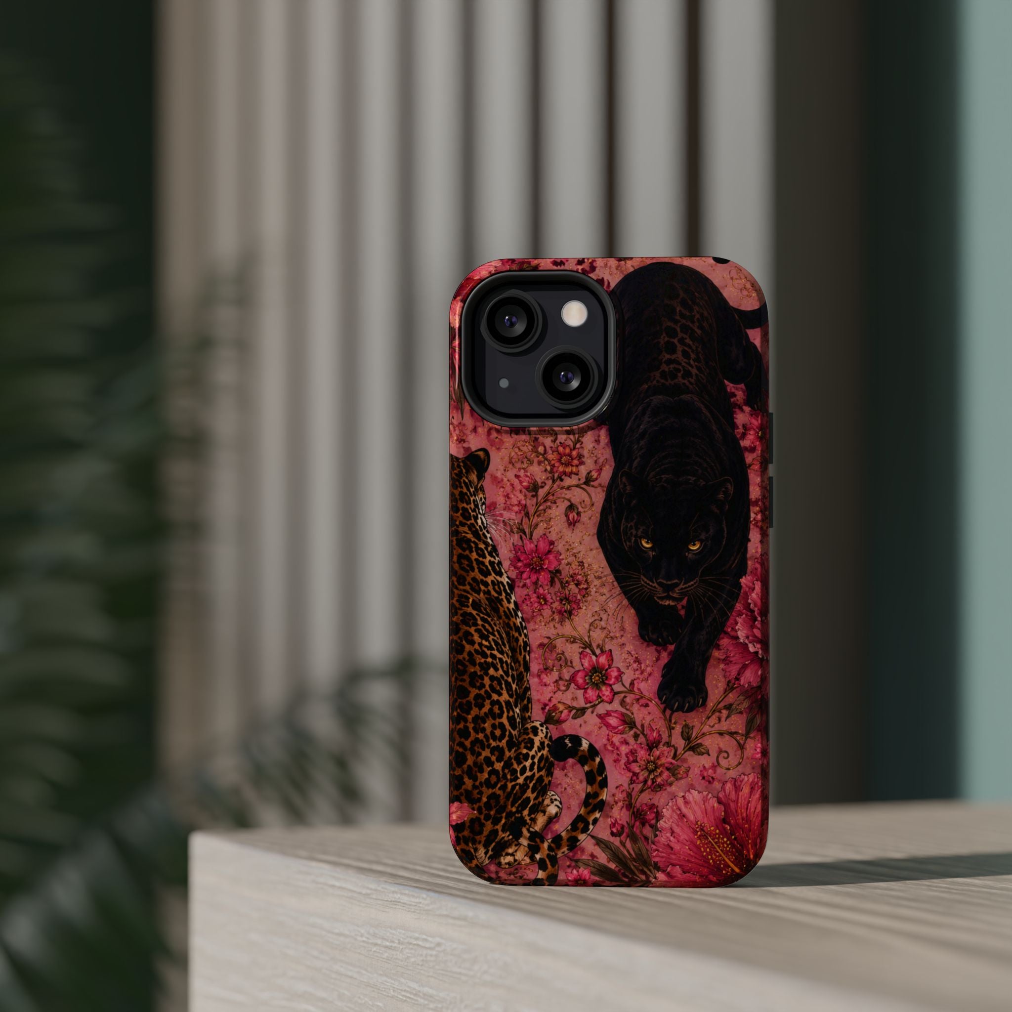 Black Panther & Leopard Floral Magnetic Impact-Resistant Phone Case | MagSafe Compatible Shockproof Cover