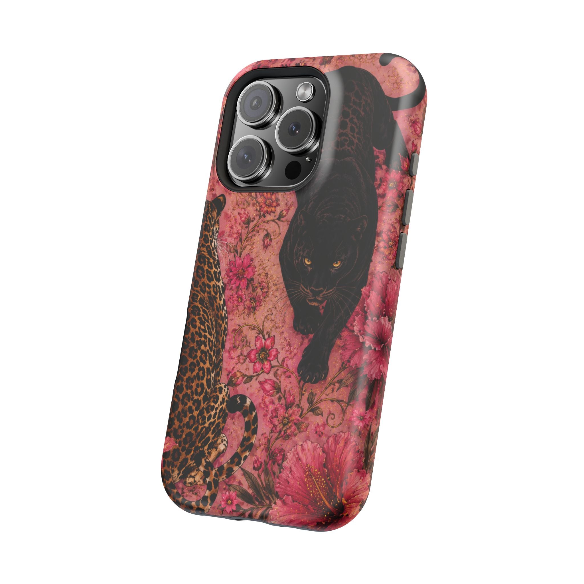 Black Panther & Leopard Floral Magnetic Impact-Resistant Phone Case | MagSafe Compatible Shockproof Cover