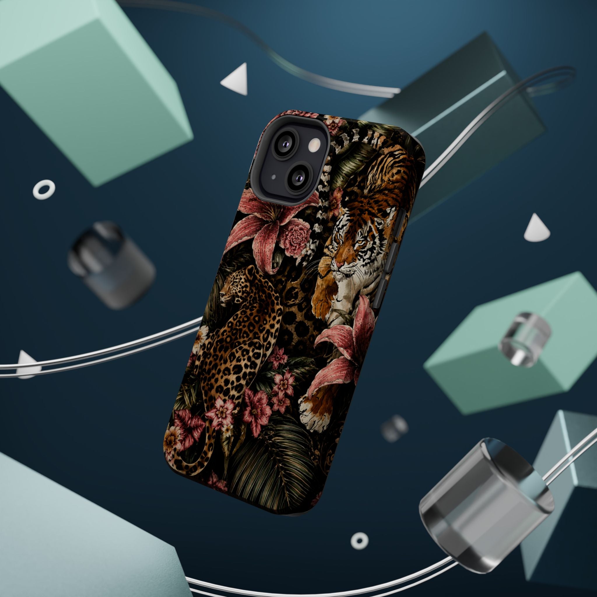 Magnetic Impact-Resistant Phone Case — Tropical Jungle Leopard & Tiger Floral Design
