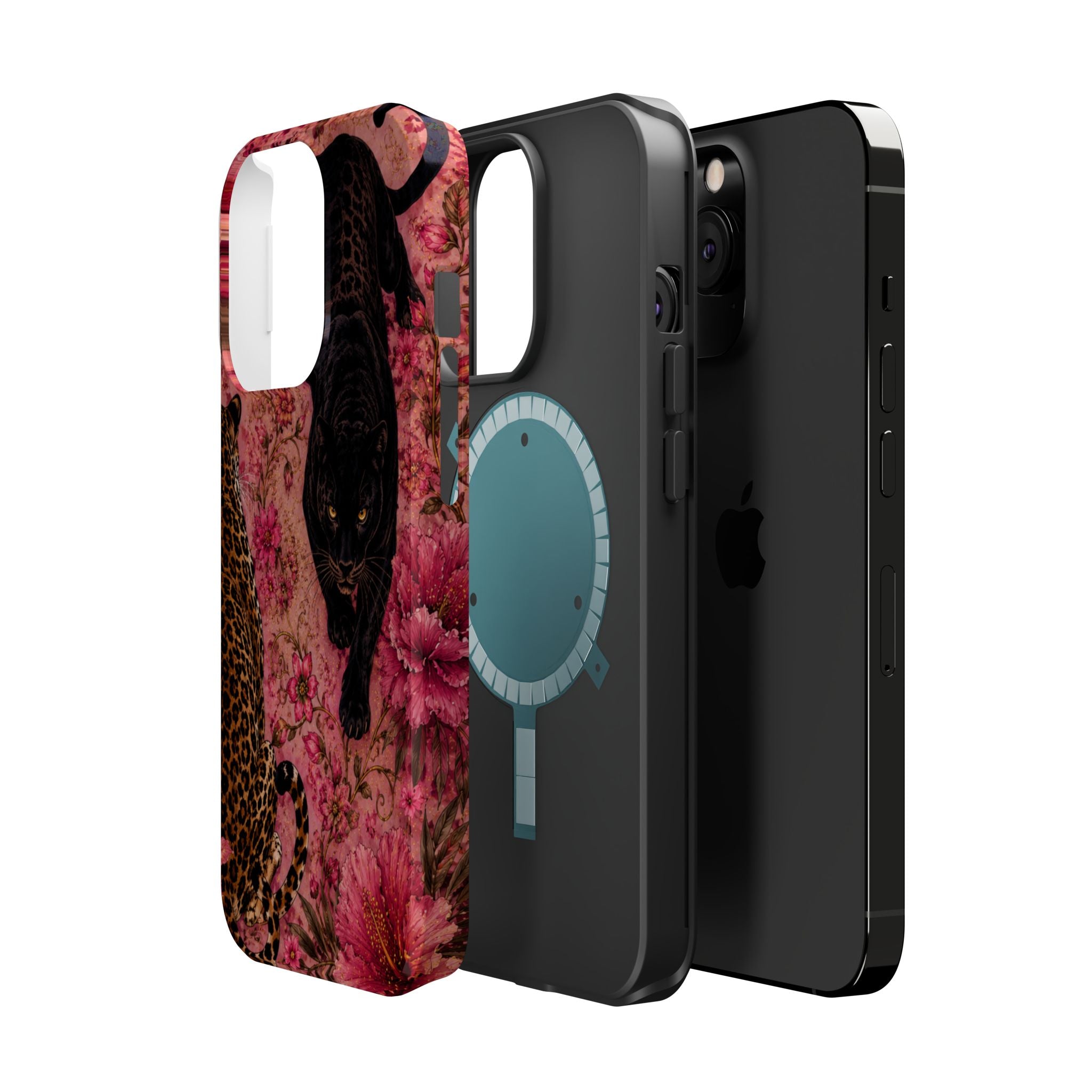Black Panther & Leopard Floral Magnetic Impact-Resistant Phone Case | MagSafe Compatible Shockproof Cover