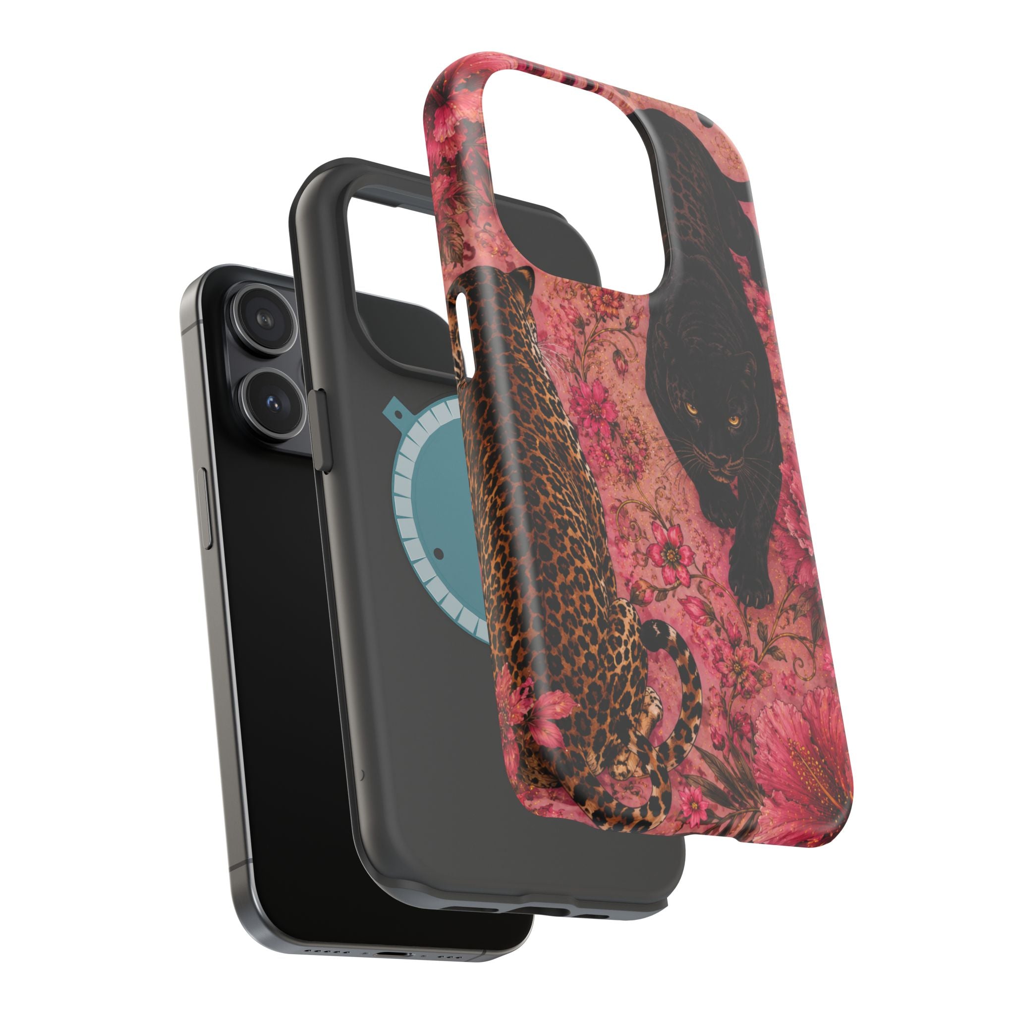 Black Panther & Leopard Floral Magnetic Impact-Resistant Phone Case | MagSafe Compatible Shockproof Cover