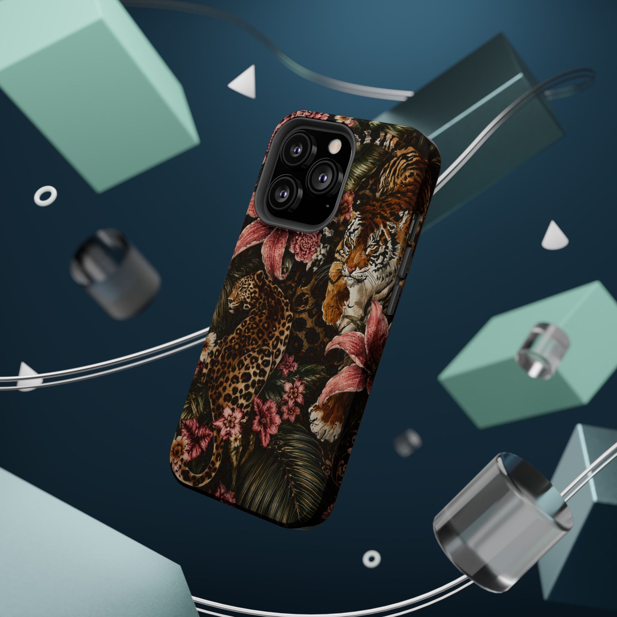 Magnetic Impact-Resistant Phone Case — Tropical Jungle Leopard & Tiger Floral Design