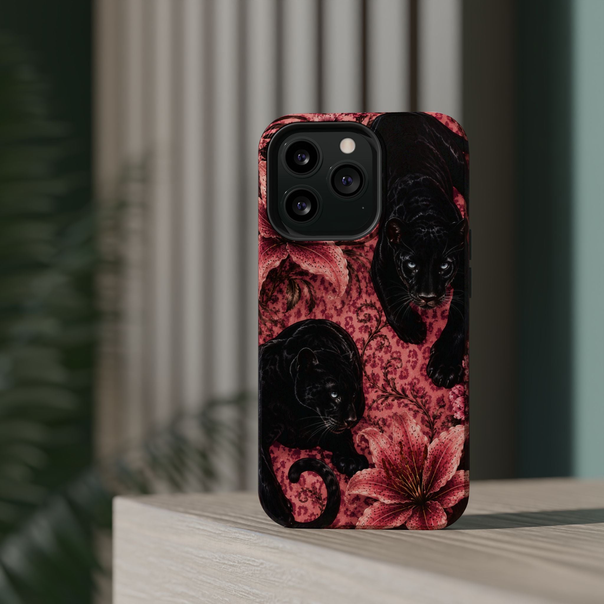 Protective Phone Case — Black Panthers & Pink Floral Impact-Resistant Magnetic Case