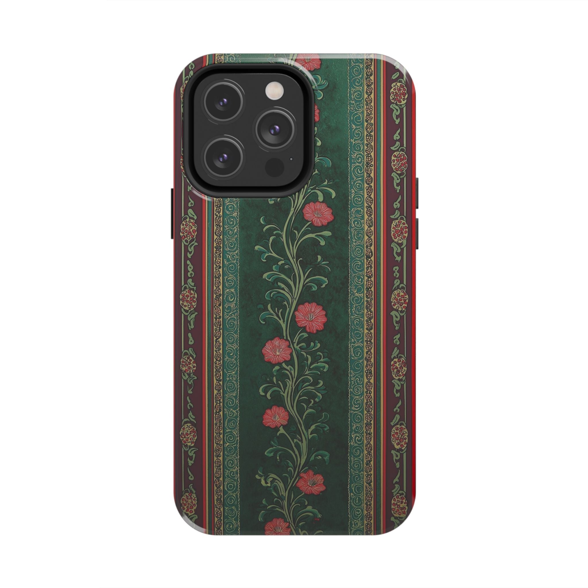 Victorian Floral Tough Phone Case - Green & Red Vintage Rose Design