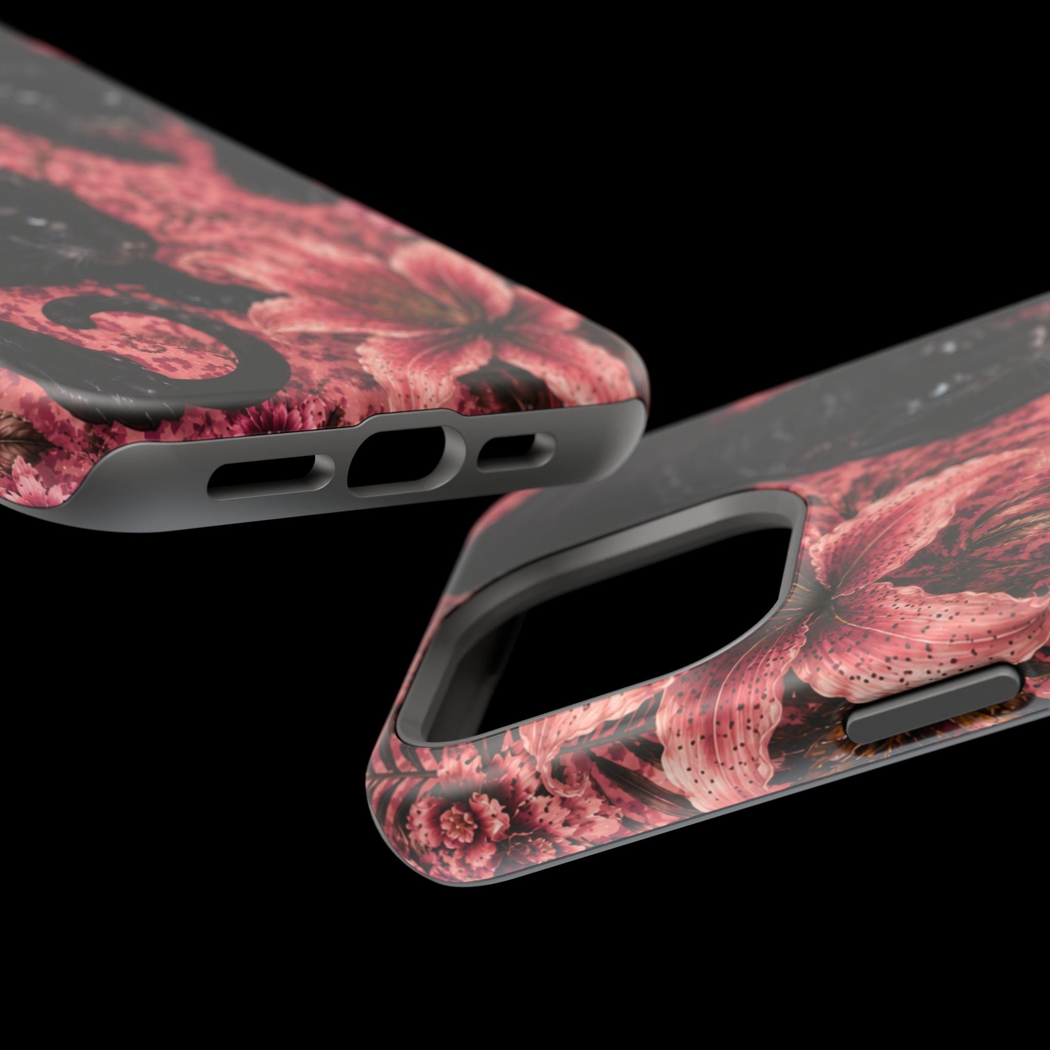 Protective Phone Case — Black Panthers & Pink Floral Impact-Resistant Magnetic Case