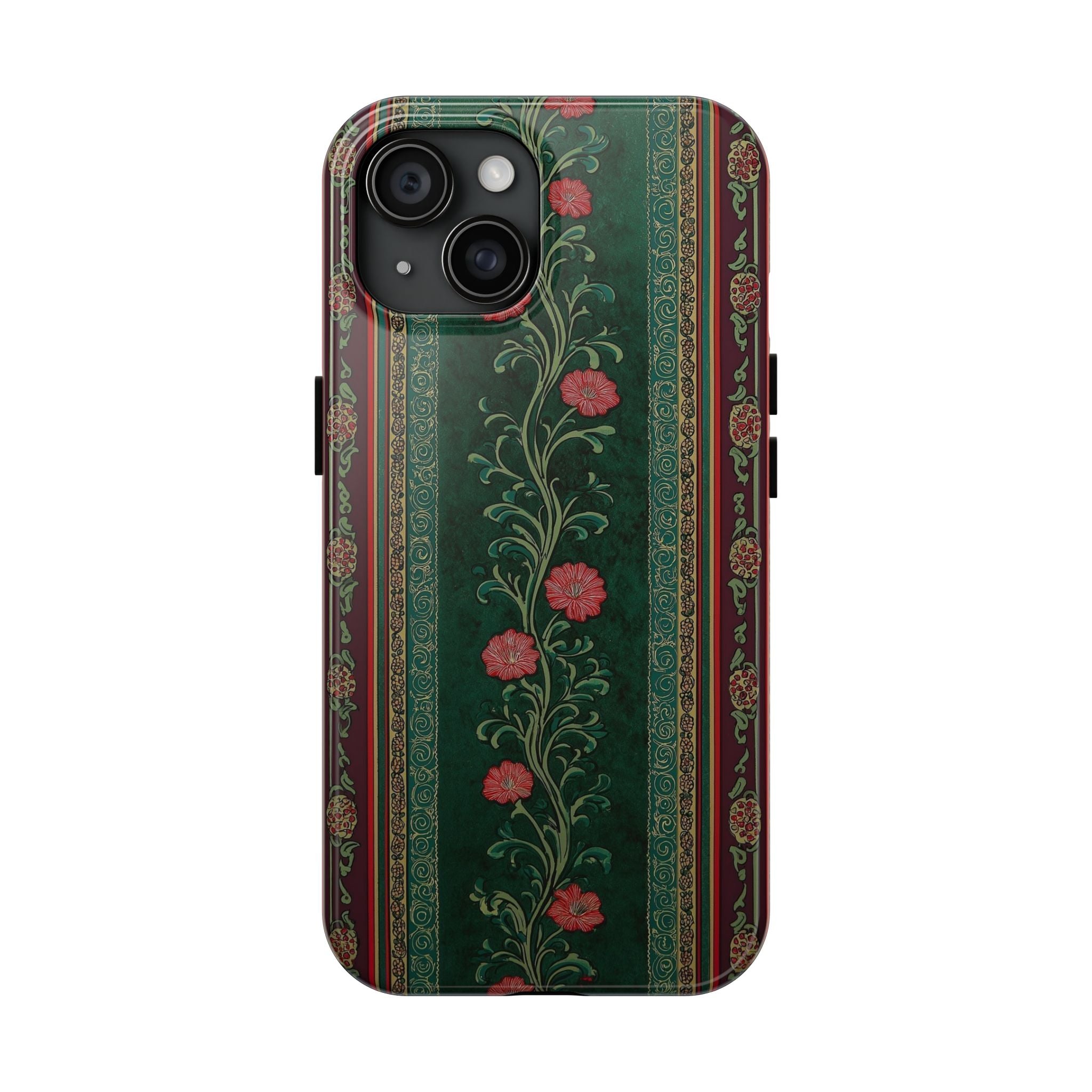 Victorian Floral Tough Phone Case - Green & Red Vintage Rose Design