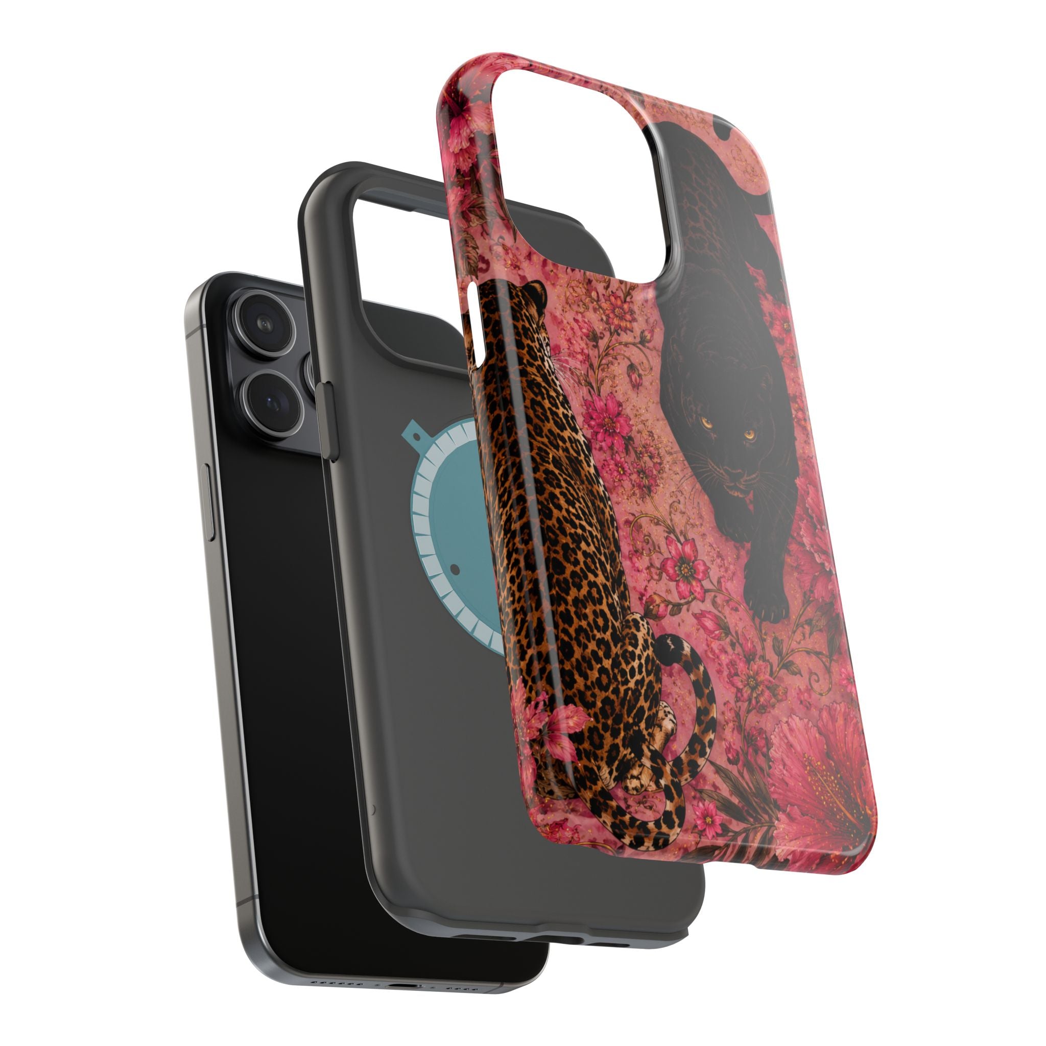Black Panther & Leopard Floral Magnetic Impact-Resistant Phone Case | MagSafe Compatible Shockproof Cover