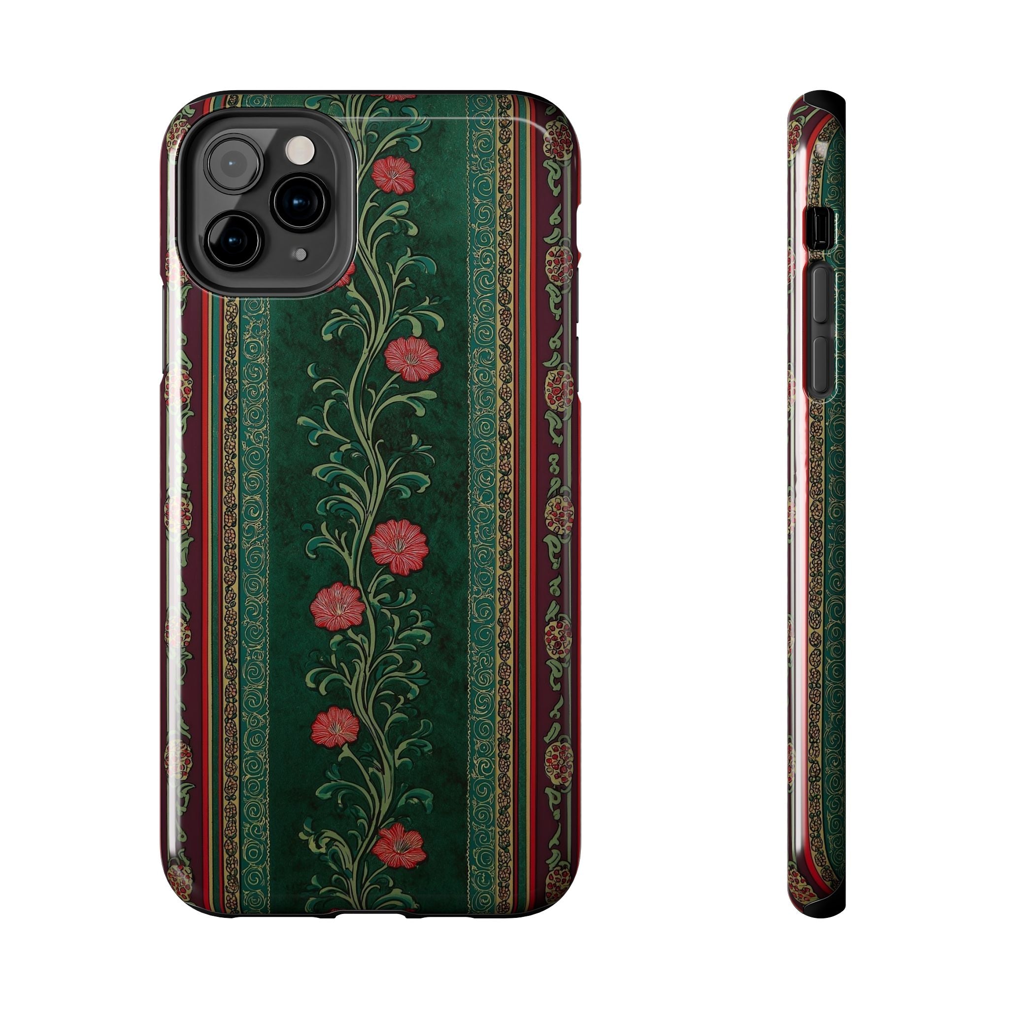 Victorian Floral Tough Phone Case - Green & Red Vintage Rose Design