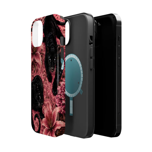 Black Panther Pink Floral MagSafe Phone Case | Magnetic Impact-Resistant Protective Case