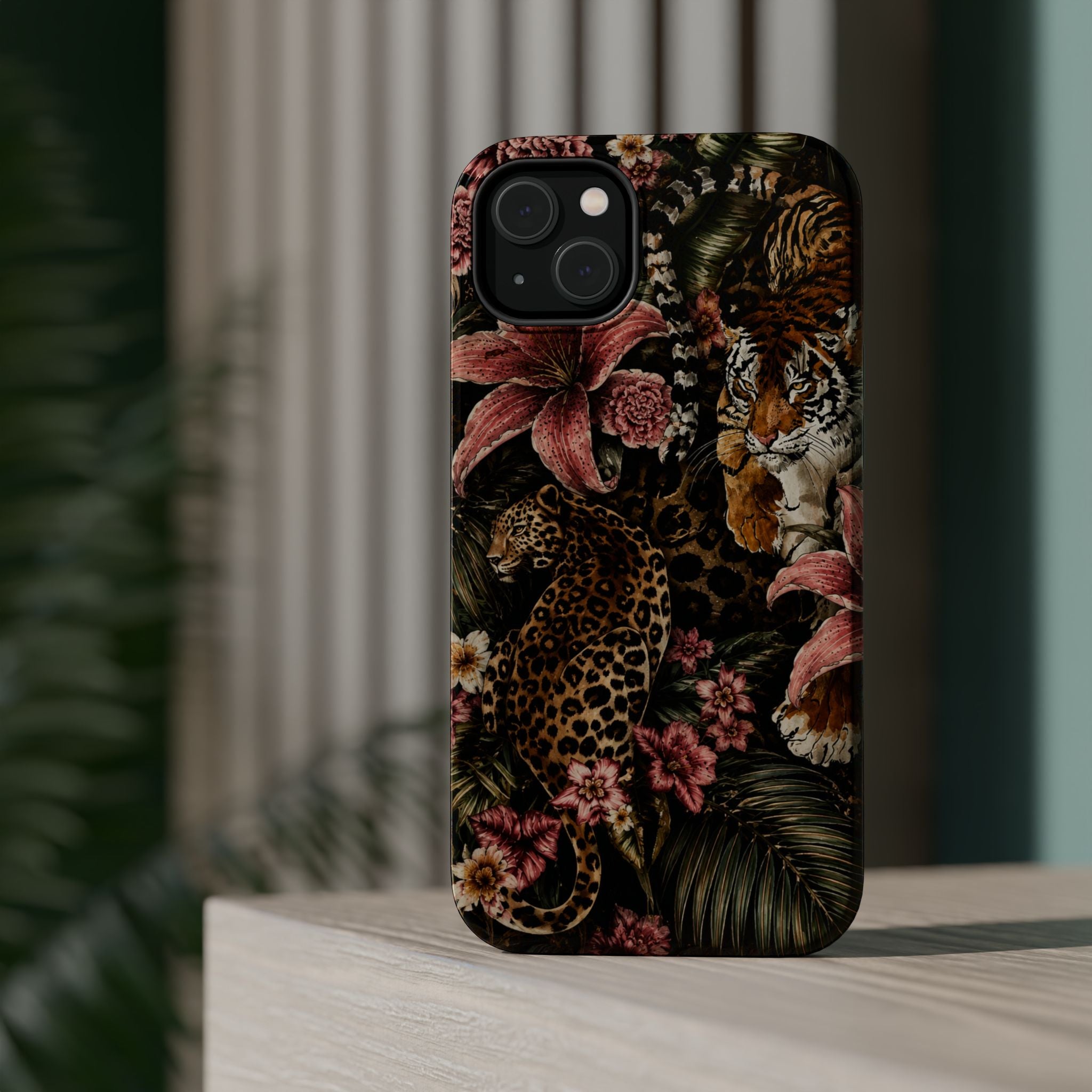 Magnetic Impact-Resistant Phone Case — Tropical Jungle Leopard & Tiger Floral Design