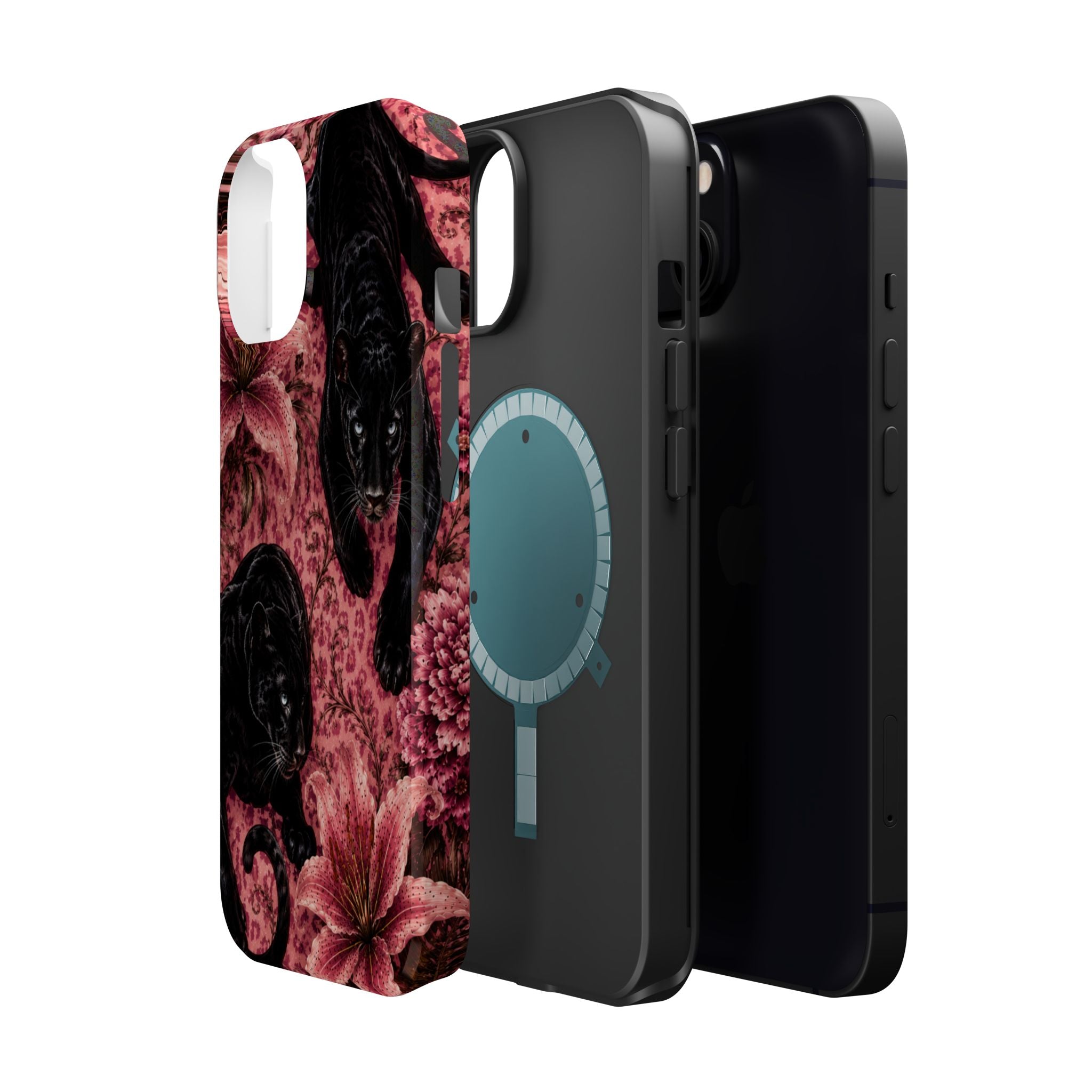 Protective Phone Case — Black Panthers & Pink Floral Impact-Resistant Magnetic Case