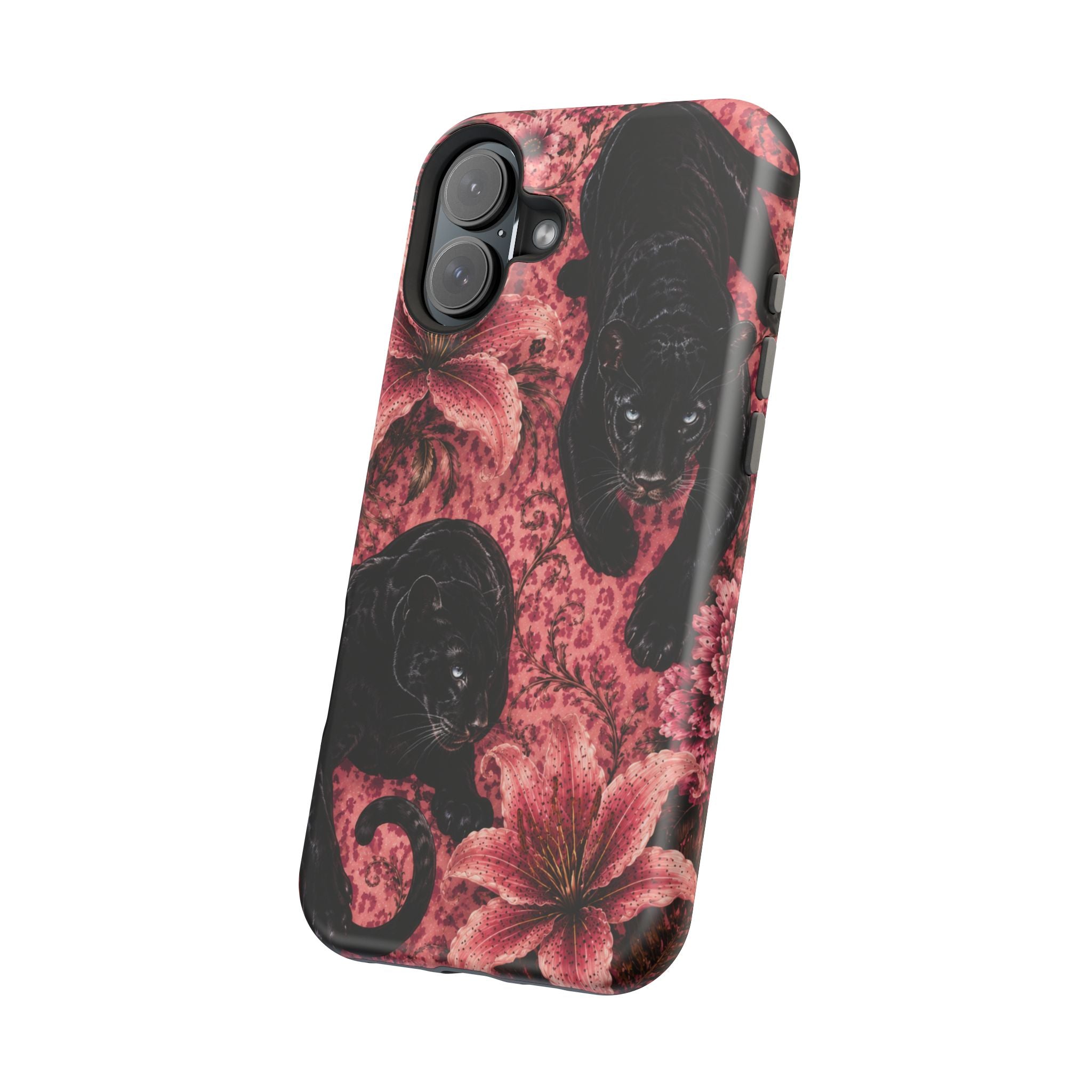 Protective Phone Case — Black Panthers & Pink Floral Impact-Resistant Magnetic Case