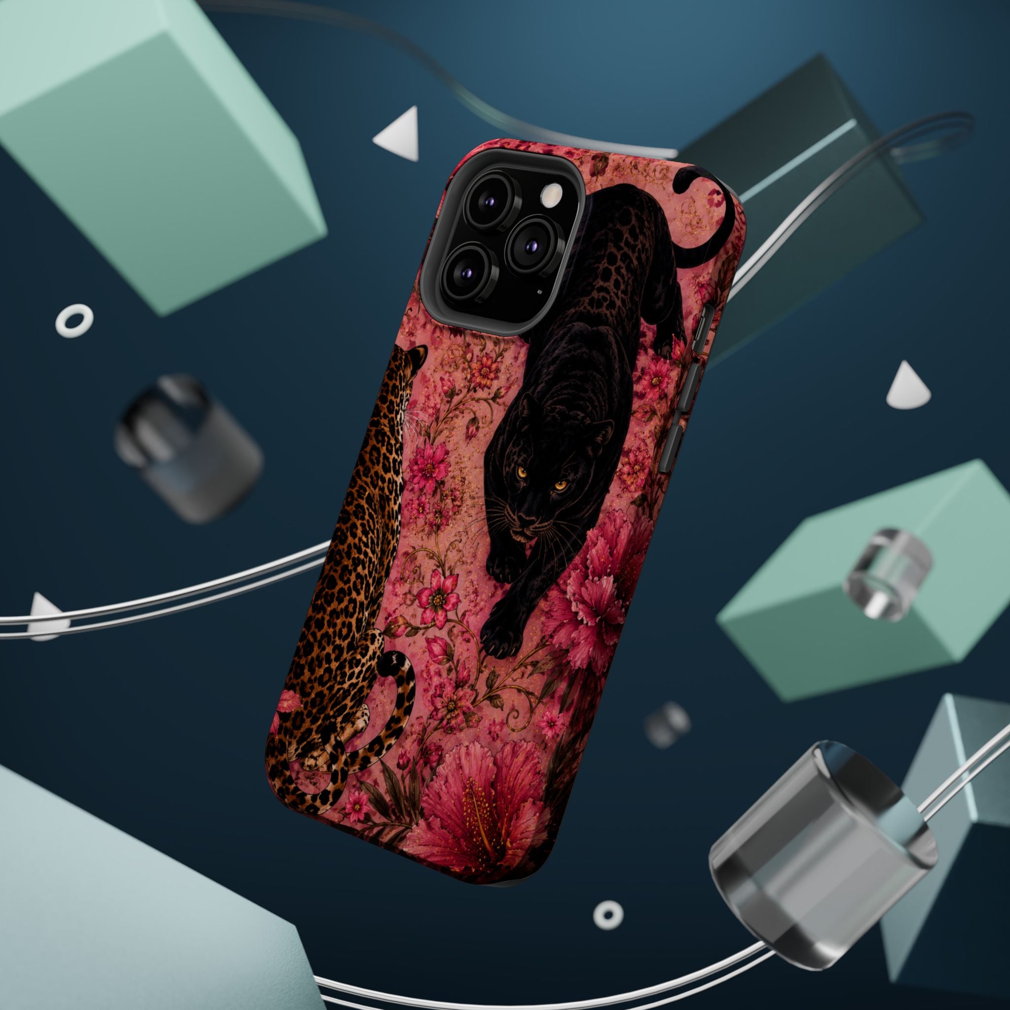 Black Panther & Leopard Floral Magnetic Impact-Resistant Phone Case | MagSafe Compatible Shockproof Cover