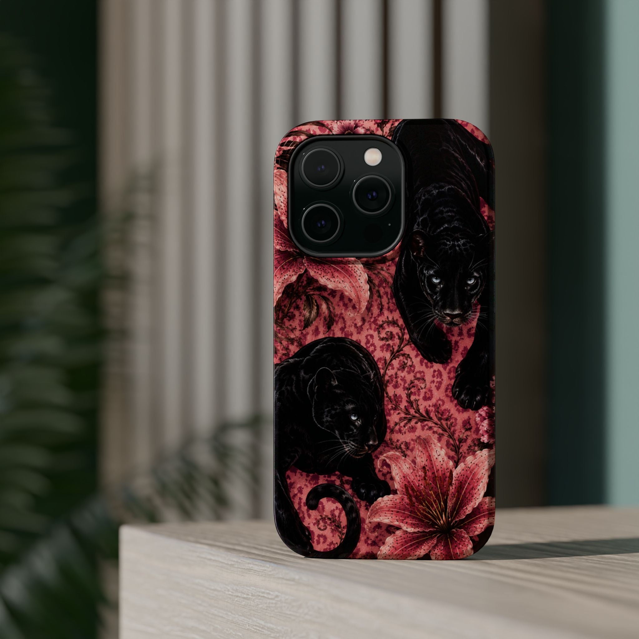 Protective Phone Case — Black Panthers & Pink Floral Impact-Resistant Magnetic Case