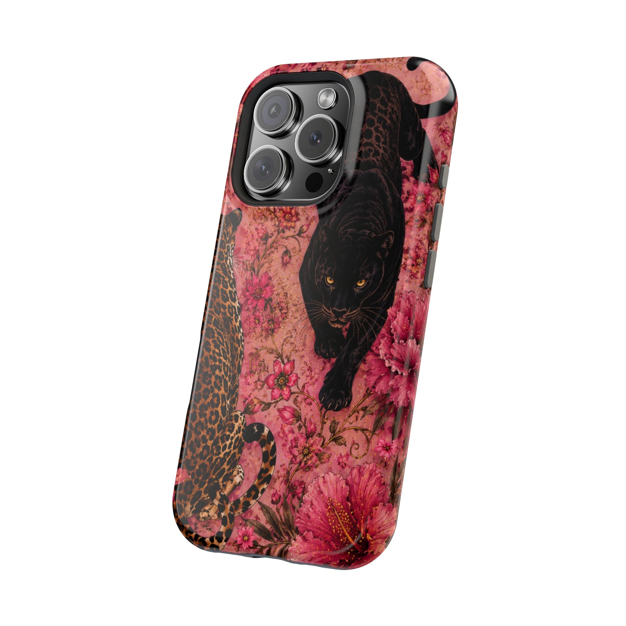 Black Panther & Leopard Floral Magnetic Impact-Resistant Phone Case | MagSafe Compatible Shockproof Cover