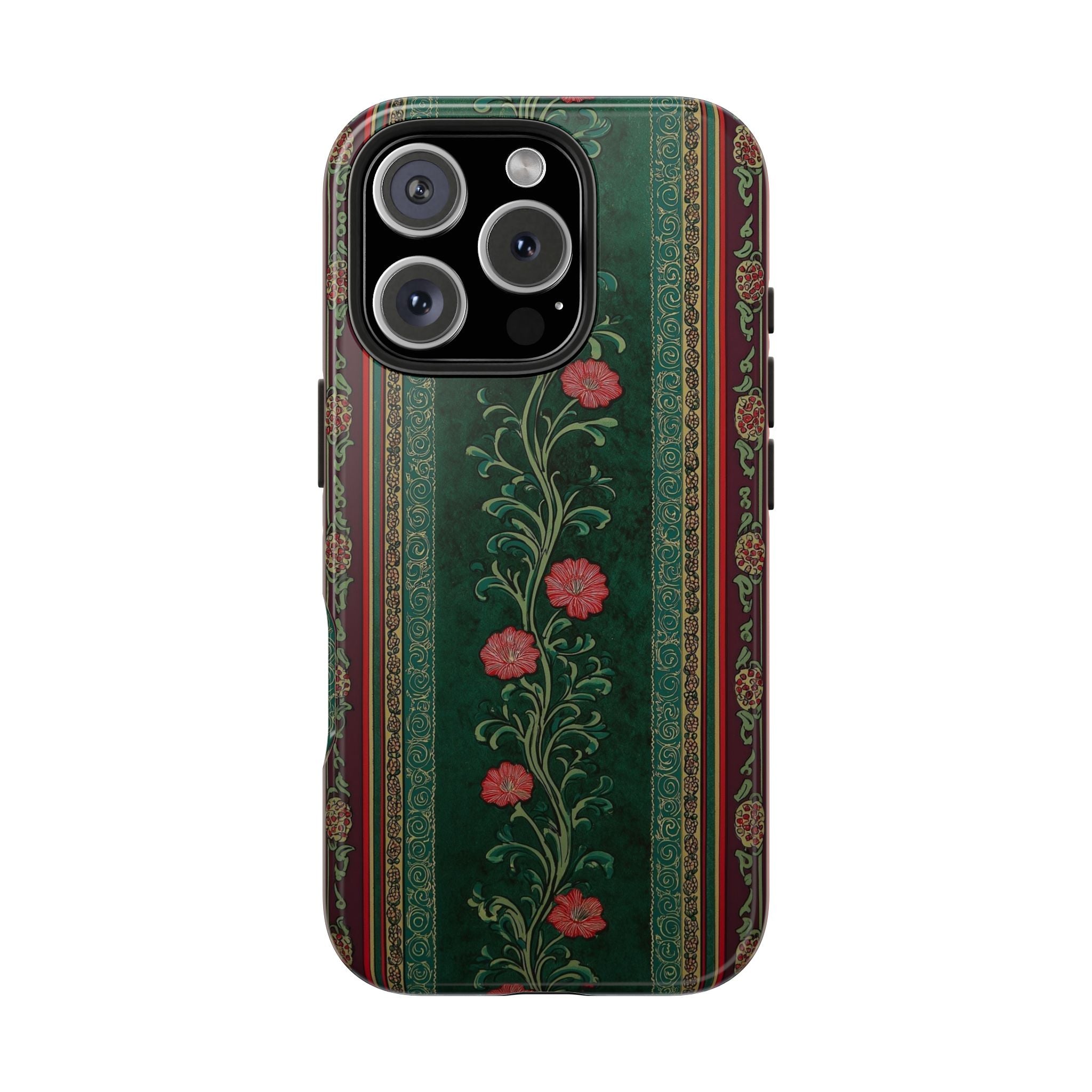 Victorian Floral Tough Phone Case - Green & Red Vintage Rose Design
