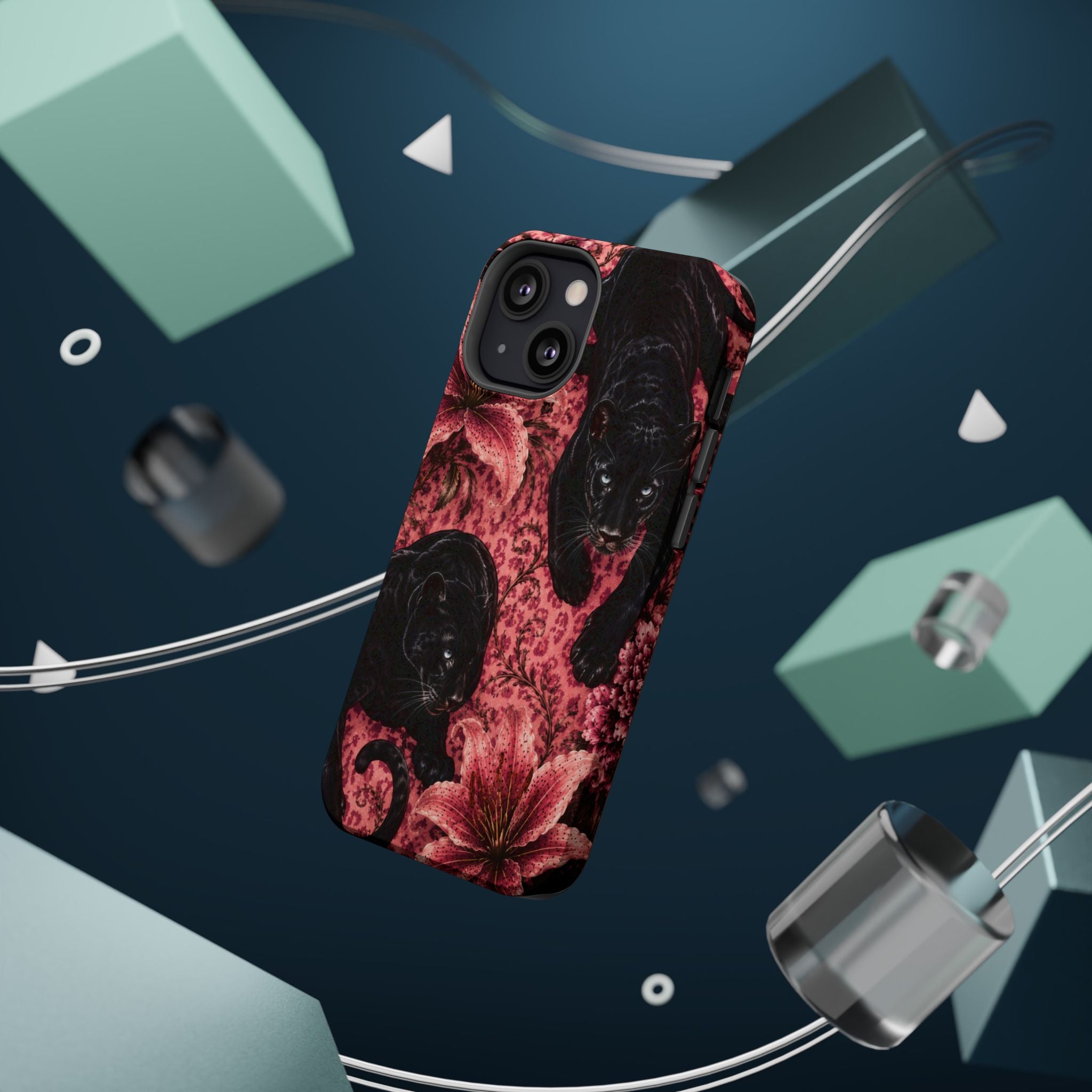 Protective Phone Case — Black Panthers & Pink Floral Impact-Resistant Magnetic Case